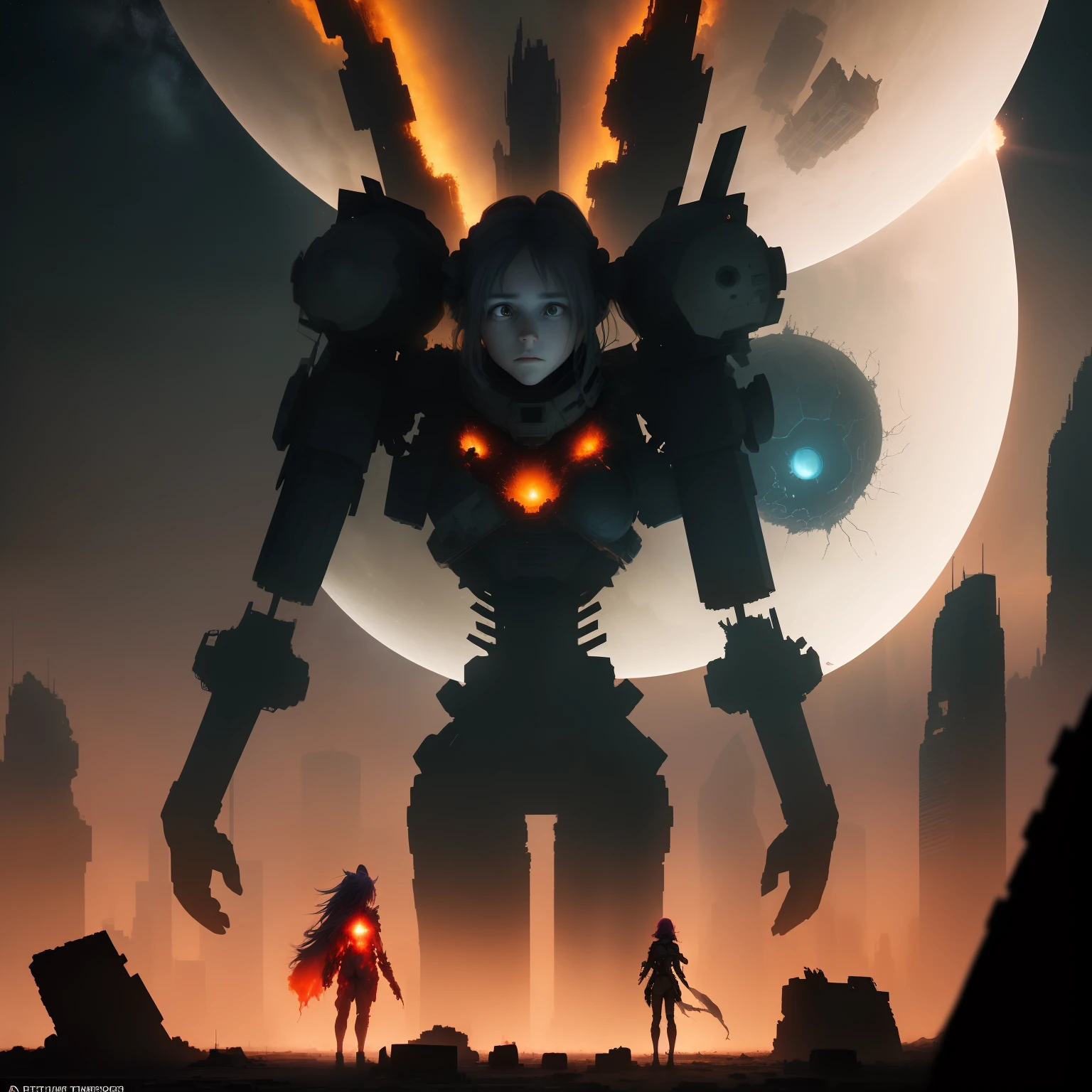 Against the still starry sky, but the first rays of the scarlet dawn are already breaking through, the ruins of the burning city with the debris of towers and skyscrapers can be seen. Separate battles between humans and extraterrestrial invaders looking like a mixture of rears and humanoids can be seen. In the foreground is a little girl with a teddy bear with a half torn ear and a torn belly with cotton wool sticking out of it. She looks fearfully at a huge alien encased in an exoskeleton with an intricate weapon in his hand and a coloured human head tied to his