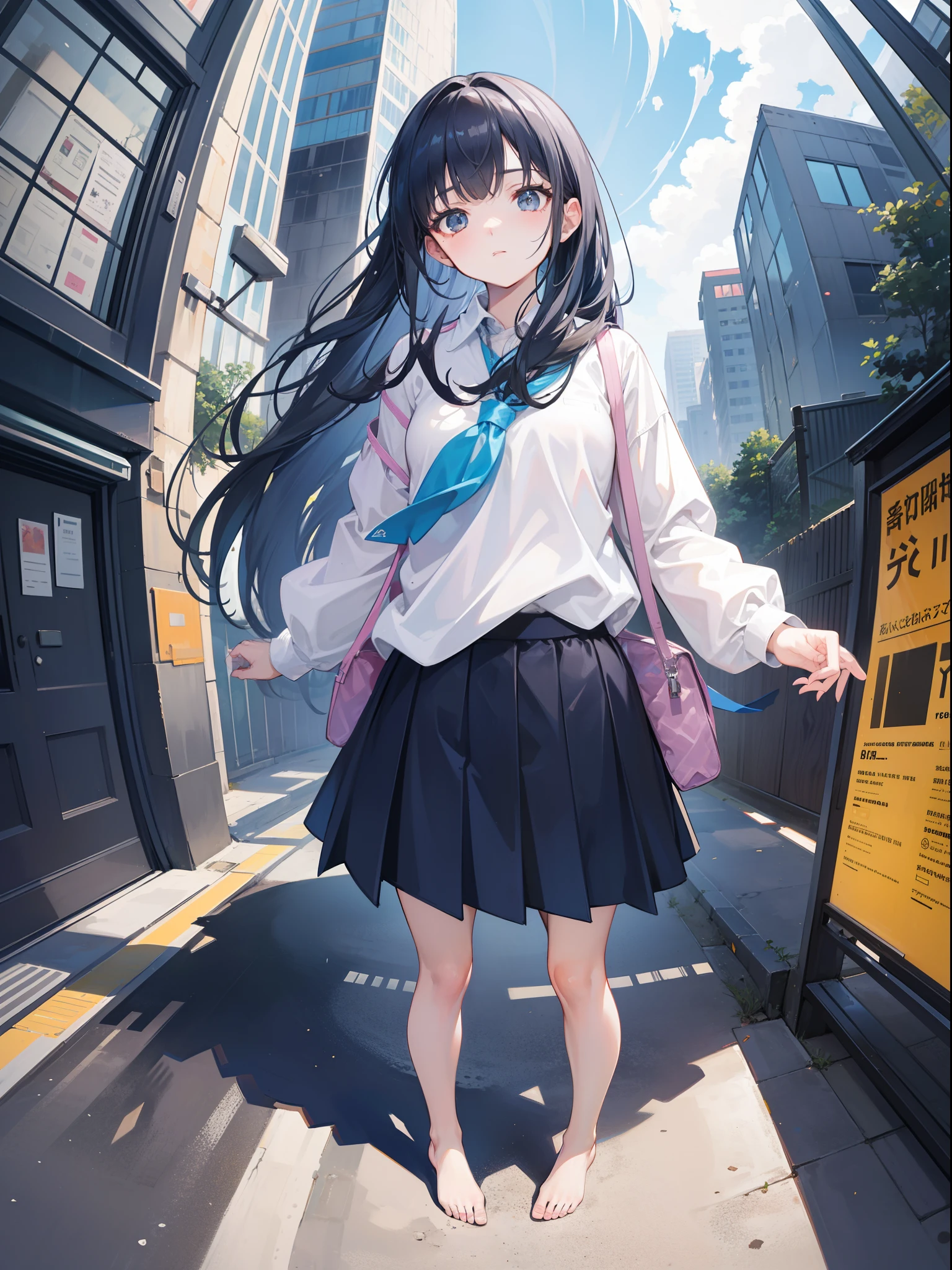 1girl, Giantess, fisheye perspective, below feet view, below girl view, view on ground, very low angle, up front view，From the angle below, long navy hair，No short skirt，trousersless，feet on ground, very far away, very small,  crushing miniature, miniature on ground below feet, step on Tiny building miniature