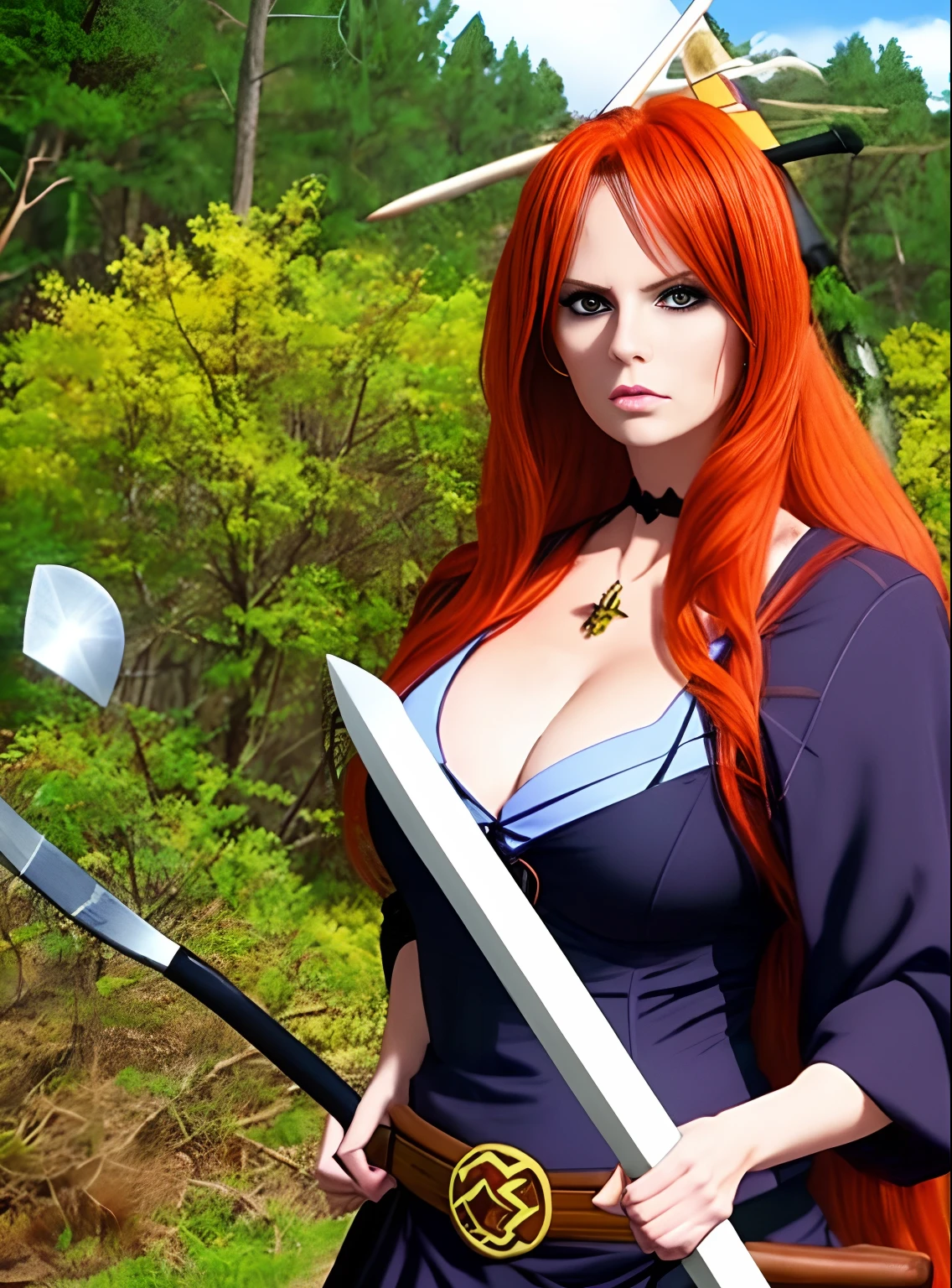 Redhead with double ponytail,quadratic element,Lori huge breasts cleavage,Warrior with an ax,Dressed in witch costumes