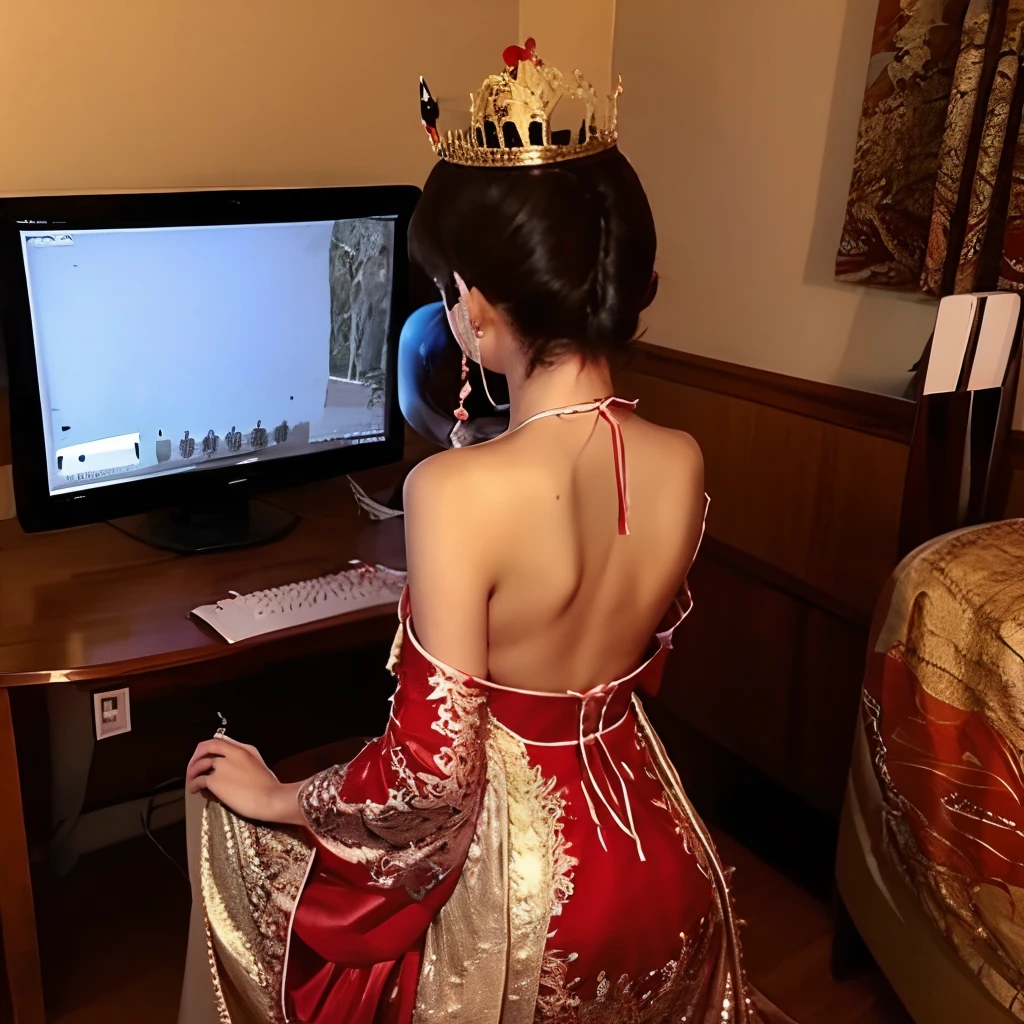 1girll,playgame,From behind,Large monitor,computer keyboard,Red and gold dress,tiara