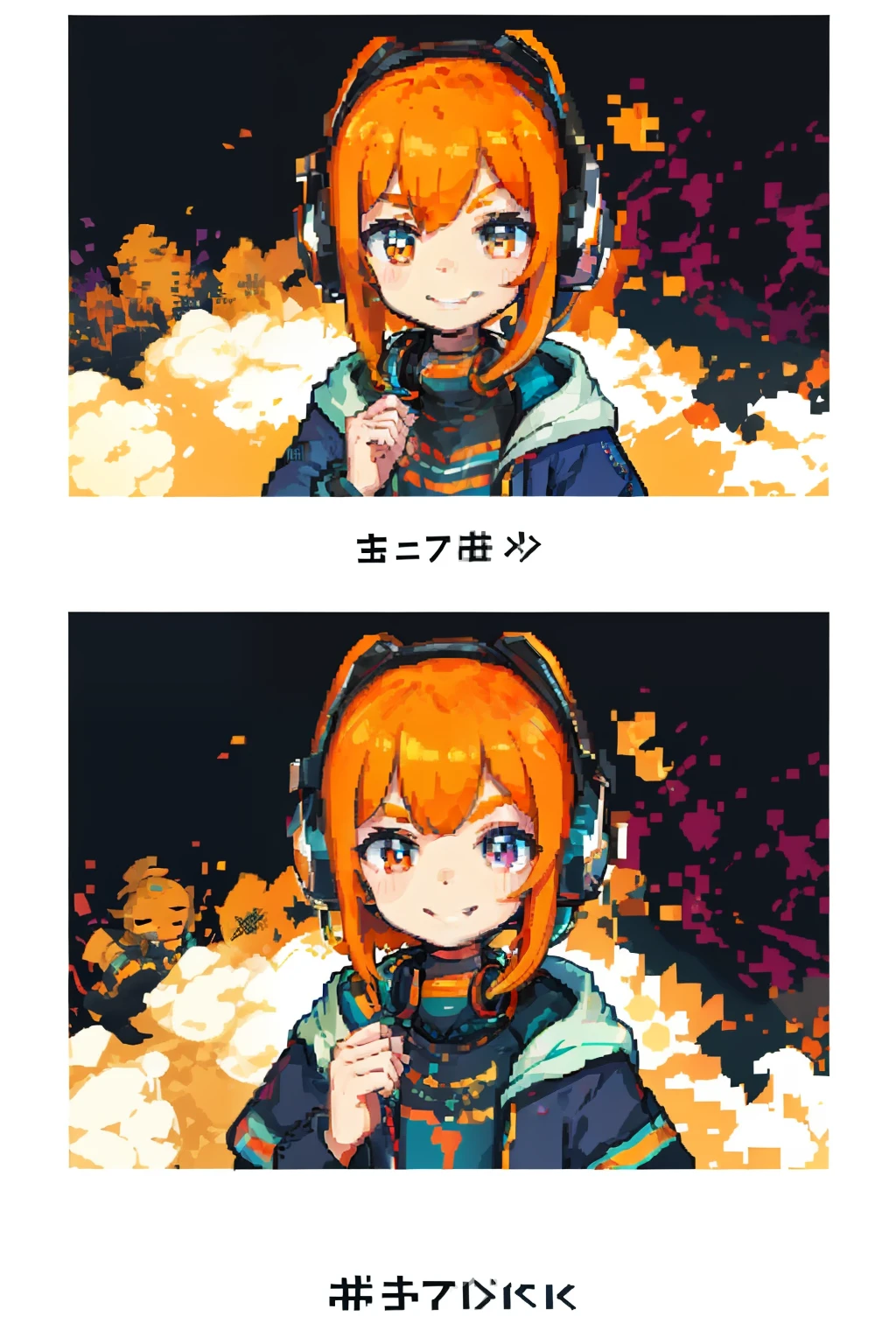 (Fragmented style: 1.3),Orange hair, neck headphones, notesLovely smile, big photo,(Masterpiece:1.2), (The highest quality:1.3)