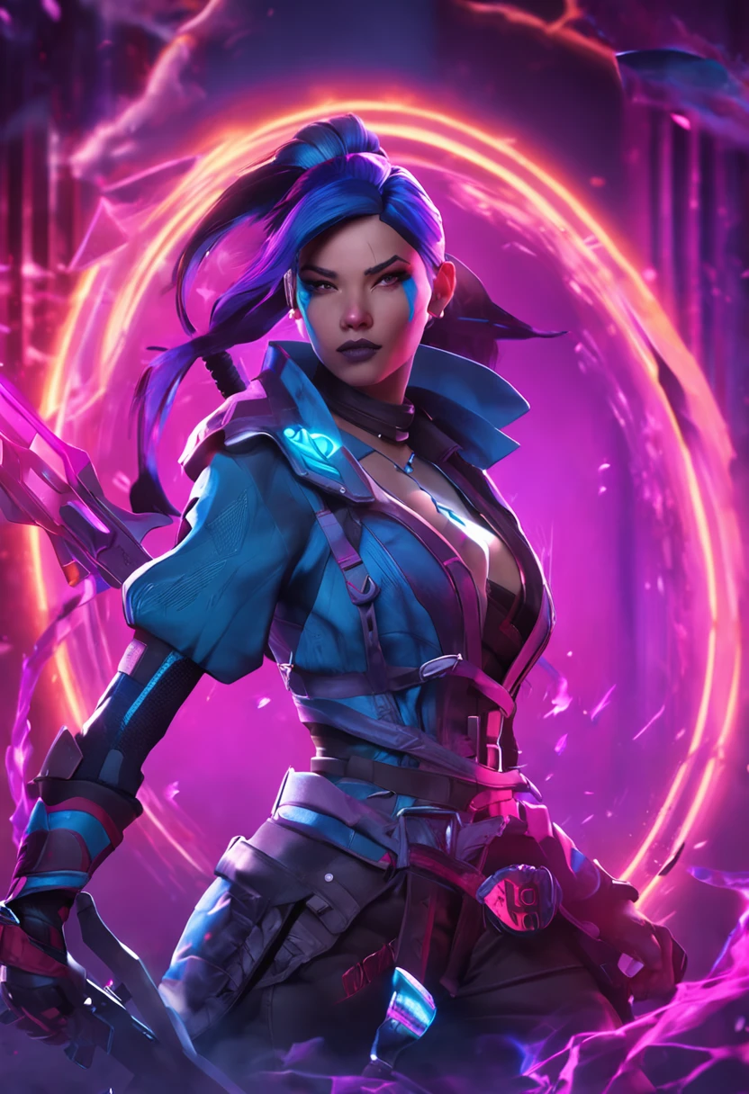 Woman in blue costume with sword and purple background, katana zero video game character, arcane jinx, valorant character, nffsw, arcane jinx, vi from arcane, cyberpunk angry gorgeous goddess, rossdraws 2. 0, portrait of jinx from arcane, sigma female, Brave game style, Cyber Universe Style