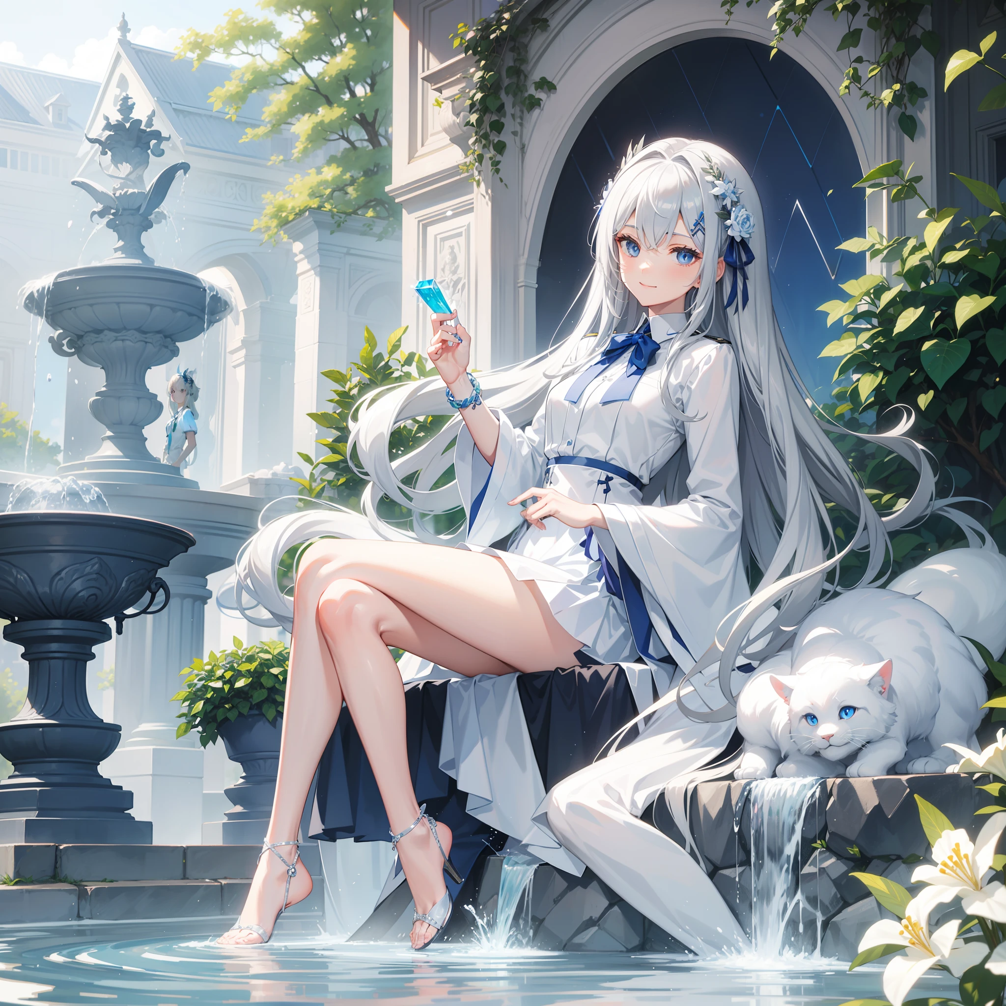 Long gray-white hair，in school uniform，Crystal blue eyes，Wearing a floral hair ornament，Holding Erlang's legs，Sit in a chair next to the fountain，Charming eyes，Sweet smile