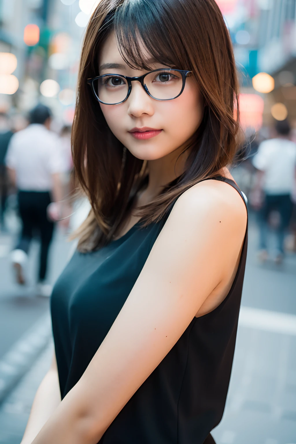 (8K、Raw photography、top-quality、masterpiece:1.2)、(realisitic、Photorealsitic:1.37)、ultra-detailliert、超A high resolution、1人、see the beholder、beautifull detailed face、A smile、Constriction、(Slim waist) :1.3)、Tank tops、Beautiful detailed skin、Skin Texture、Floating hair、Professional Lighting、In the street、Black-rimmed square glasses、Whole human body、Brown hair