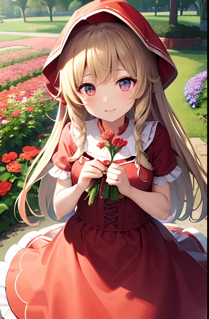 Girl picking flowers in a flower garden。Wearing a Little Red Riding Hood costume、Notice the gaze and smile。