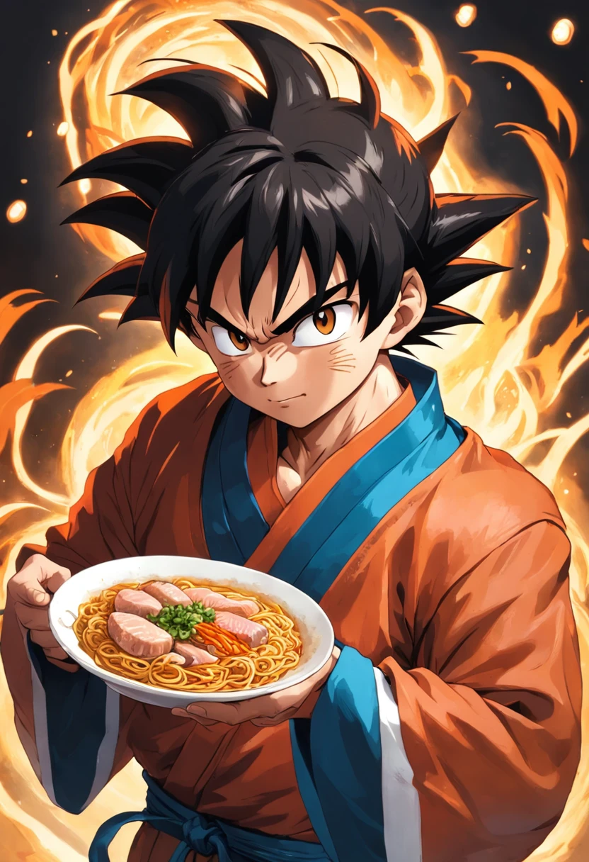 Dragon bola goku，Grande macaco, retrato de corpo inteiro，de um real，Facial features are carefully described，textura de pele realista，Estilo escuro，profundidade de campos，Luz alta，luz real，Traching de raias，oc renderizado，hyper-realistic，melhor qualidade，8k，Obras de mestres，super-fino，pelos pubianos detalhados，anatomia correta，sharp focus on eyes，Facial features are carefully described. Goku enjoying Chinese noodles in a restaurant" description: Em um restaurante aconchegante com toques orientais, Goku, O famoso guerreiro Saiyajin, is located in the kitchen, cercado por deliciosos aromas. Dressed in his iconic martial arts uniform, Goku is on a kitchen counter with a plate of Chinese noodles, enquanto segurava pauzinhos habilmente. Com um sorriso de expectativa, Goku sets out to savor the noodles with enthusiasm. His fellow Z warriors meet at a nearby table, Watching with amusement your encounter with terrestrial cuisine. Behind him, Os chefs do restaurante, vestidos com seus uniformes tradicionais, They watch in awe as the legendary fighter enjoys the meal. The atmosphere is full of warmth and camaraderie, despite the epic adventures that Goku and his friends face on a regular basis. Soft lighting enhances the scene, making the colors of the ingredients and the decoration of the restaurant shine with a warm luminosity. The image captures an unusual and relaxed moment in Goku's life, showing his more human side while enjoying an earthy meal amidst his incredible exploits.