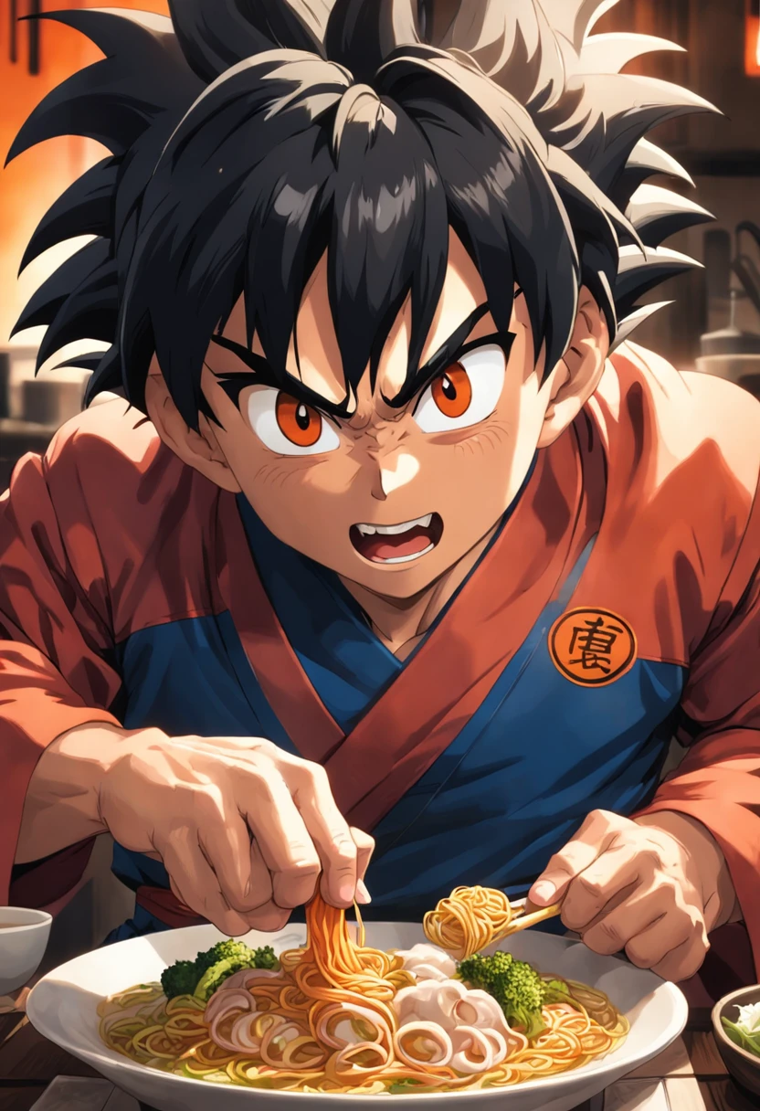 Dragon bola goku,Grande macaco, retrato de corpo inteiro,de um real,Facial features are carefully described,textura de pele realista,Estilo escuro,profundidade de campos,Luz alta,luz real,Traching de raias,oc renderizado,hyper-realistic,melhor qualidade,8k,Obras de mestres,super-fino,pelos pubianos detalhados,anatomia correta,sharp focus on eyes,Facial features are carefully described. Goku enjoying Chinese noodles in a restaurant" description: Em um restaurante aconchegante com toques orientais, Goku, O famoso guerreiro Saiyajin, is located in the kitchen, cercado por deliciosos aromas. Dressed in his iconic martial arts uniform, Goku is on a kitchen counter with a plate of Chinese noodles, enquanto segurava pauzinhos habilmente. Com um sorriso de expectativa, Goku sets out to savor the noodles with enthusiasm. His fellow Z warriors meet at a nearby table, Watching with amusement your encounter with terrestrial cuisine. Behind him, Os chefs do restaurante, vestidos com seus uniformes tradicionais, They watch in awe as the legendary fighter enjoys the meal. The atmosphere is full of warmth and camaraderie, despite the epic adventures that Goku and his friends face on a regular basis. Soft lighting enhances the scene, making the colors of the ingredients and the decoration of the restaurant shine with a warm luminosity. The image captures an unusual and relaxed moment in Goku's life, showing his more human side while enjoying an earthy meal amidst his incredible exploits.