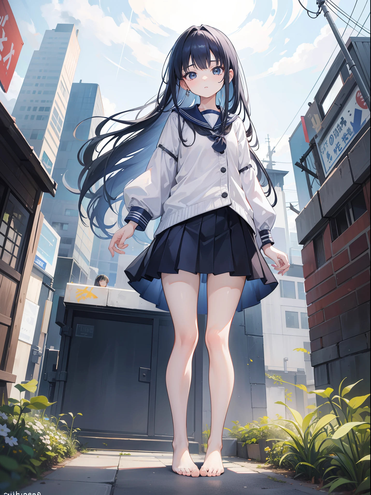 1girl, Giantess, fisheye perspective, below feet view, below girl view, view on ground, very low angle, up front view,From the angle below, long navy hair,No short skirt,trousersless,feet on ground, very far away, very small, crushing miniature, miniature on ground below feet, step on Tiny building miniature