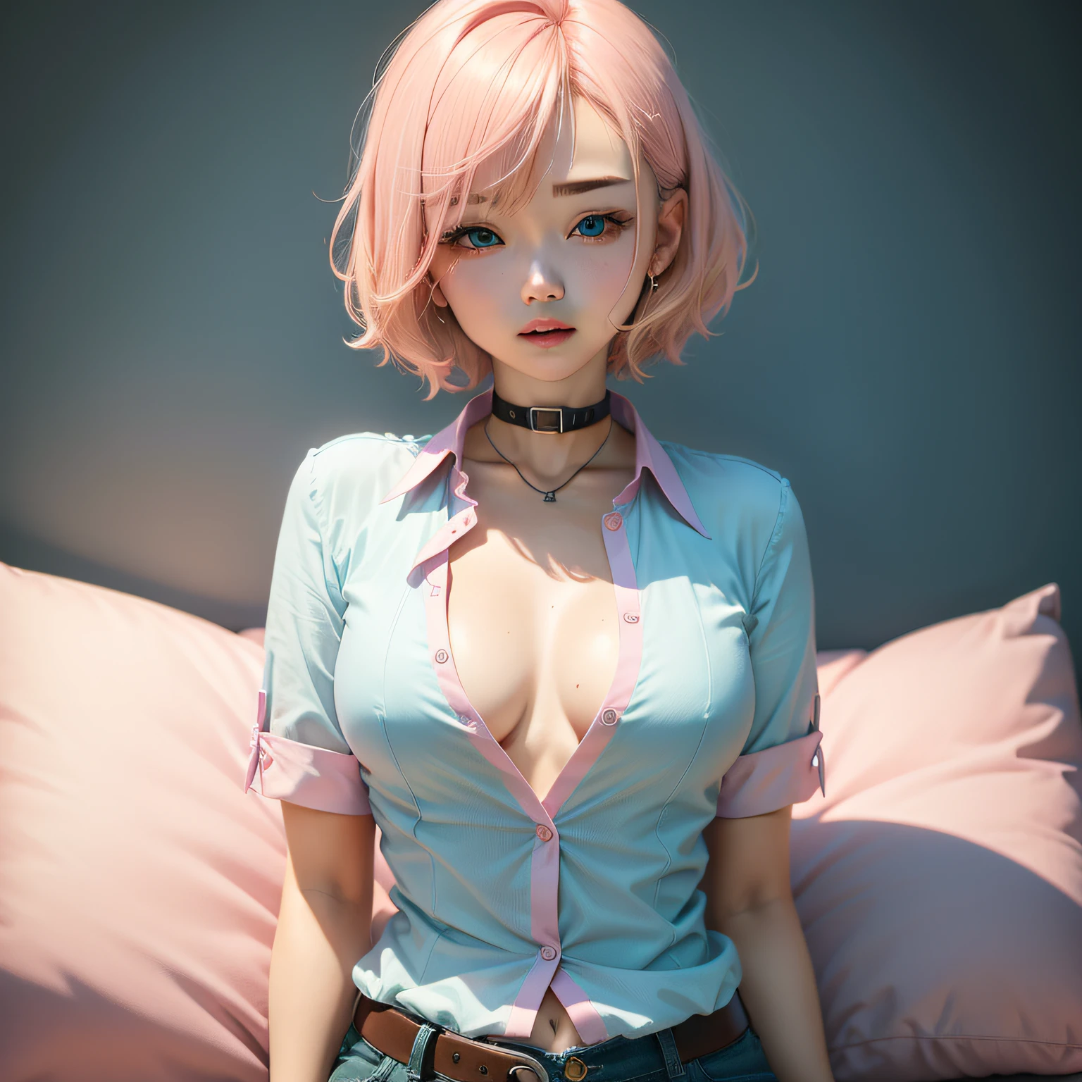 Short pink and blonde hair, good looking, pure girl, cyan open-collar shirt, open chest