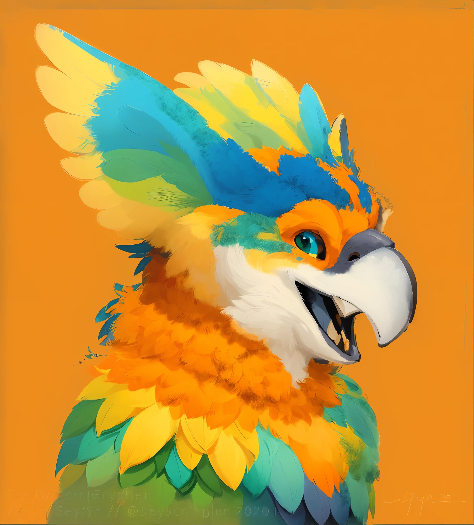 There is a painting,It is a cat with blue and yellow feathers, anthro portrait, furry character portrait, avian!!! fursona, lovely digital painting, portrait of an anthro fox, Gryphon, creature bust, fursona art, anthro art, Sly smile, cocky smirk, Detailed digital painting, fluffy orange skin, portrait of a small