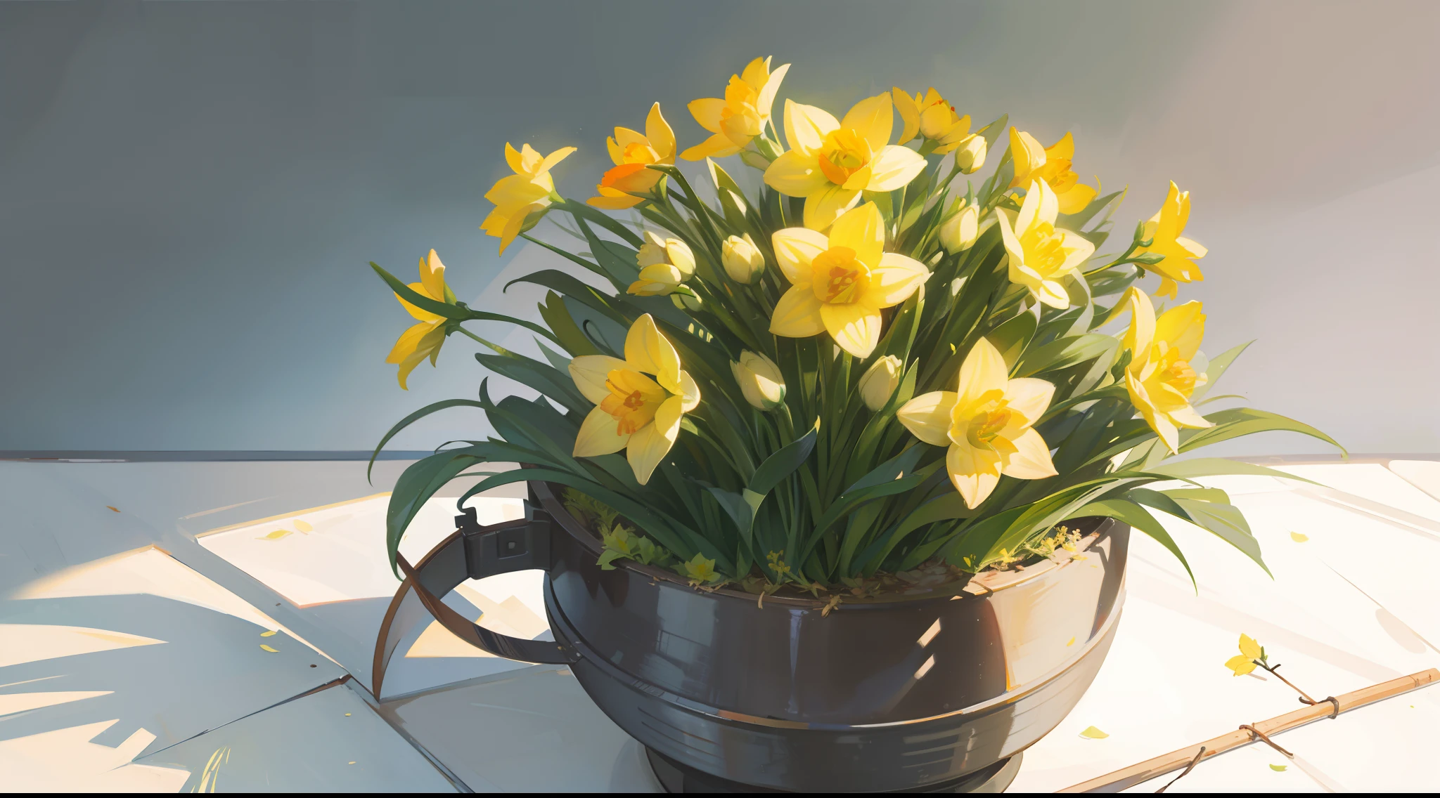 A pot of blooming daffodils,With branches,There are no less than five flowers