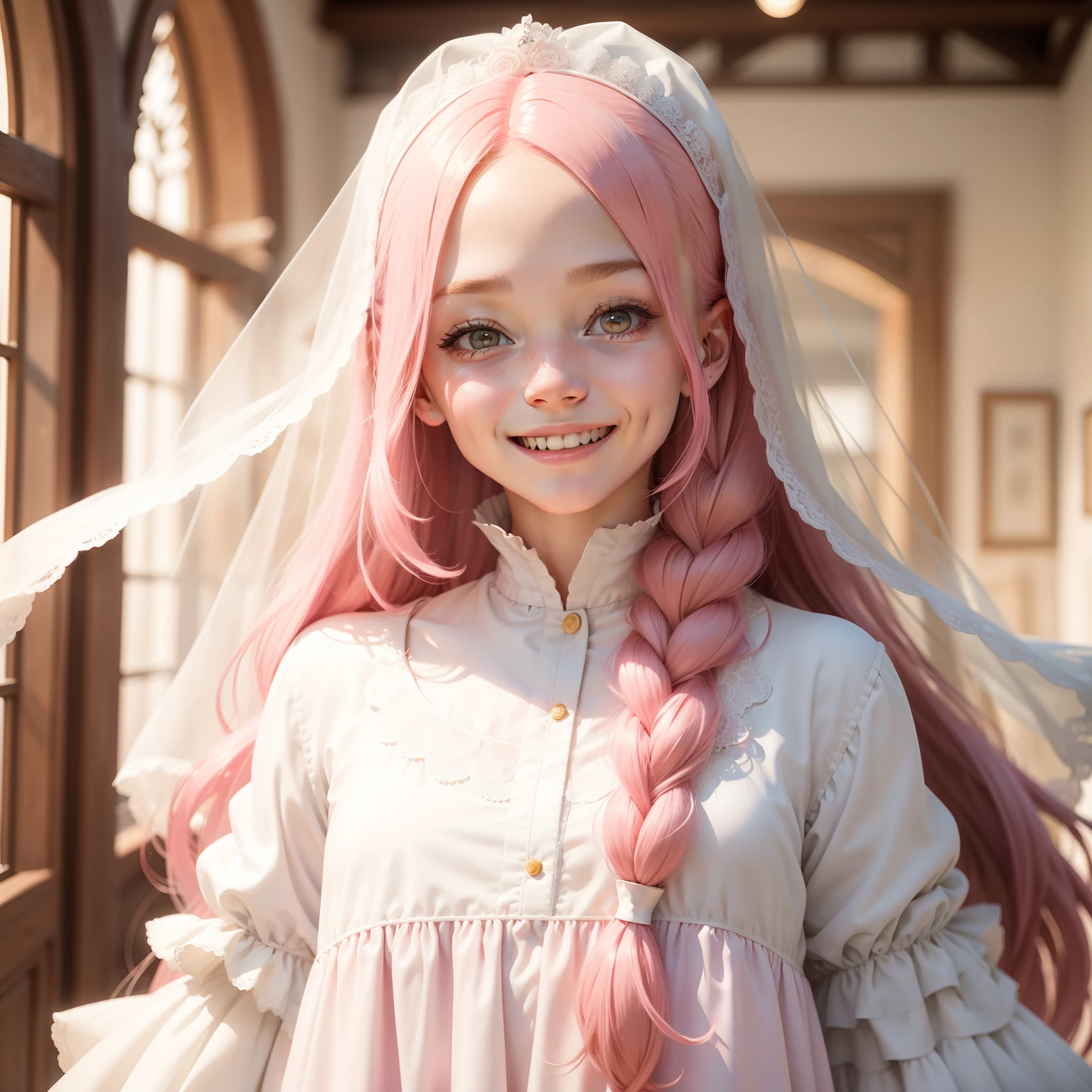 Girl with long pink hair，Wearing a crisp white wedding dress，With a happy smile on his face