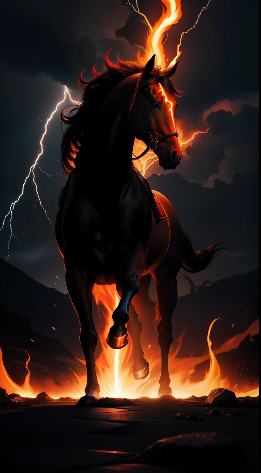 infernal-lord, horse-head-demon, flame-lava, fire-background, full-body, lightning-strike-on-the-left-background, cool, creepy