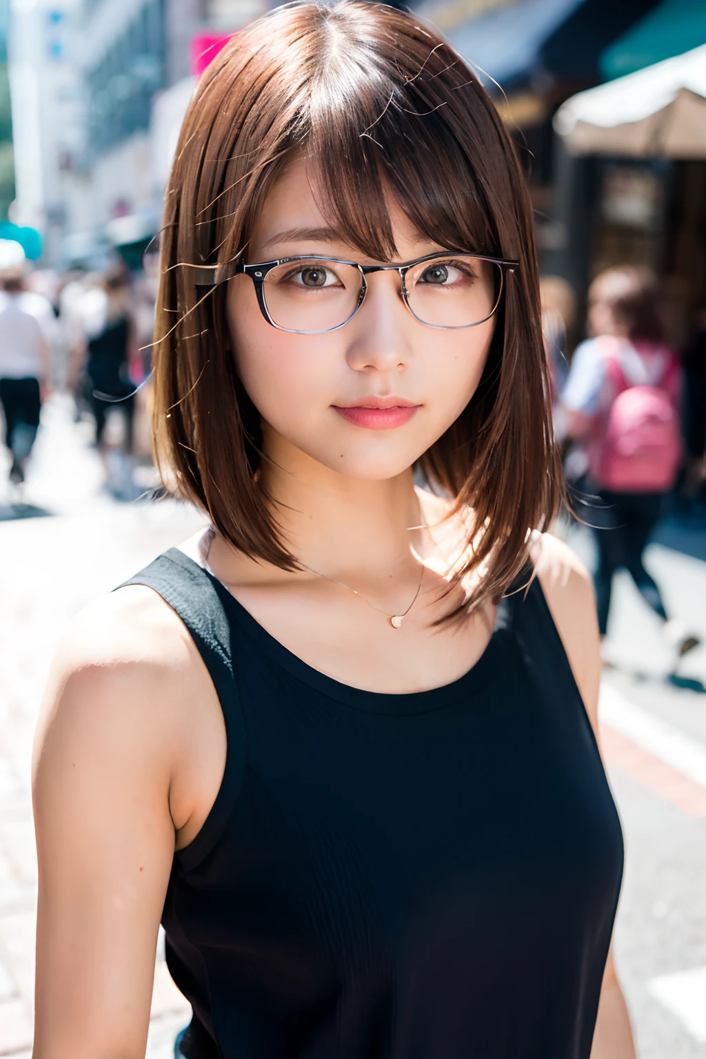 (8K、Raw photography、top-quality、masterpiece:1.2)、(realisitic、Photorealsitic:1.37)、ultra-detailliert、超A high resolution、女の子1人、see the beholder、beautifull detailed face、A smile、Constriction、(Slim waist) :1.3)、Tank tops、Beautiful detailed skin、Skin Texture、Floating hair、Professional Lighting、In the street、Black-rimmed square glasses、Whole human body、Brown hair