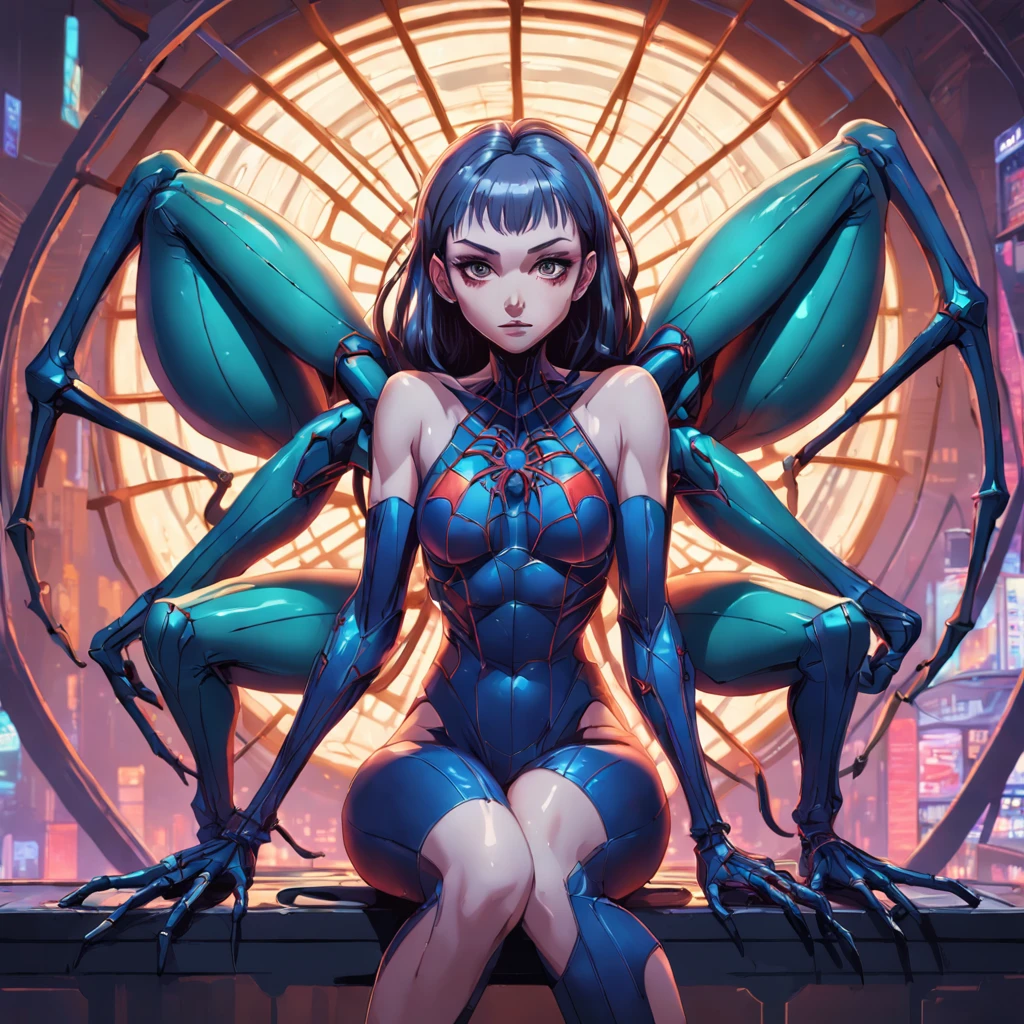 a woman sitting on top of a giant spider, cyberpunk art, inspired by Greg Hildebrandt, 3 d neon art of a womens body, style of karol bak, cartoon artstyle, beautiful avatar pictures, emma frost, spiders, greg hildebrandt highly detailed, alien room background, portrait shot, maxim verehin stained glass, spider
