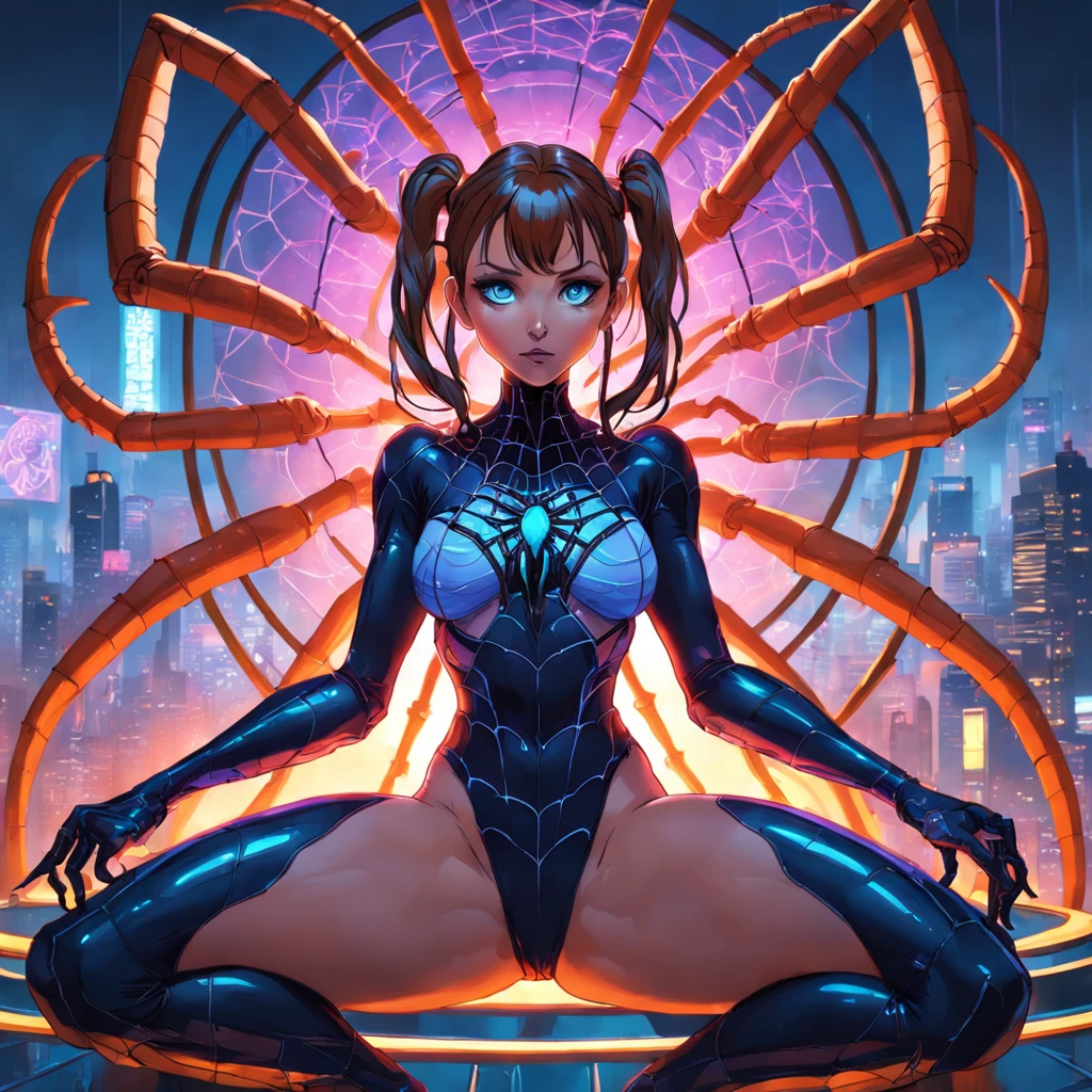 a woman sitting on top of a giant spider, cyberpunk art, inspired by Greg Hildebrandt, 3 d neon art of a womens body, style of karol bak, cartoon artstyle, beautiful avatar pictures, emma frost, spiders, greg hildebrandt highly detailed, alien room background, portrait shot, maxim verehin stained glass, spider