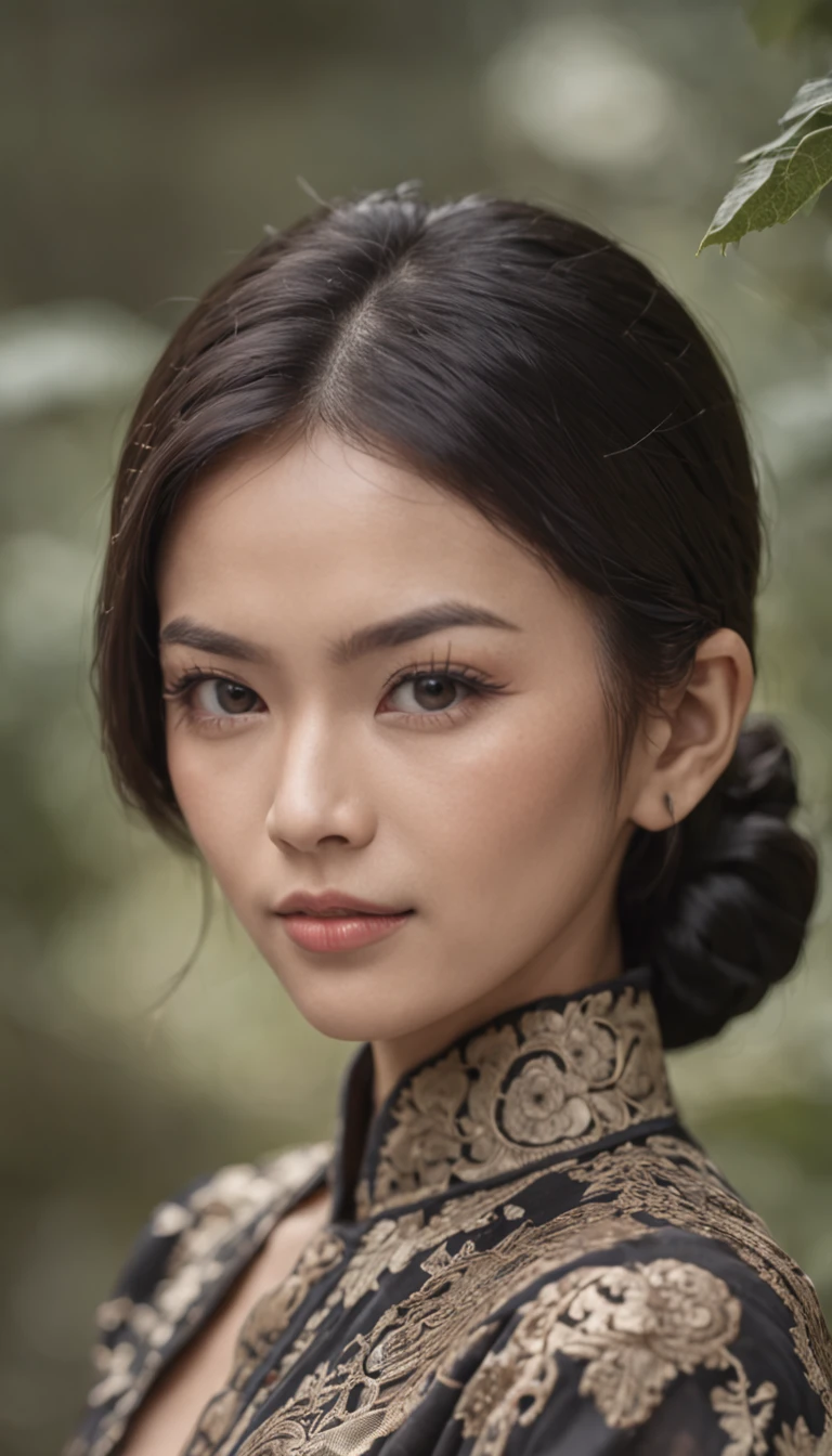 indonesian woman, 30 years old, with accurate features, strong jawline,short floppy hair, black hair, black eyes, dynamic angle shot, toned body, neck zoomed in, centered, wide high angle view, wearing traditional Indonesian batik dress