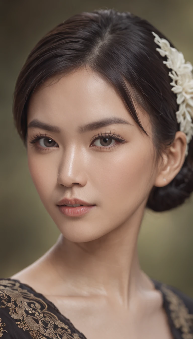 indonesian woman, 30 years old, with accurate features, strong jawline,short floppy hair, black hair, black eyes, dynamic angle shot, toned body, neck zoomed in, centered, wide high angle view,  wearing traditional Indonesian batik dress