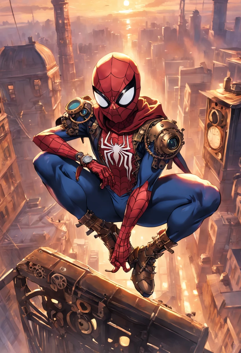 Picture an extraordinary moment as Spider-Man with the mask, donning an extraordinary steampunk-inspired ensemble, stands on the edge of a towering building silhouetted against a breathtaking sunset. The sky is adorned with hues of gold and purple, creating a magical ambiance. Spider-Man's costume is a work of art, boasting intricate metal components and gears that lend an air of mystique and sophistication.