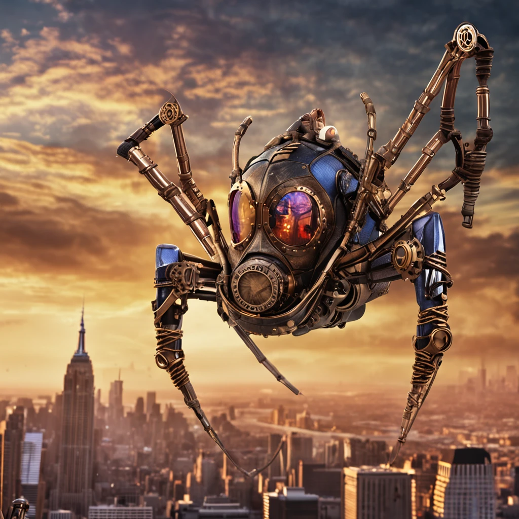 Picture an extraordinary moment as Spider-Man with the mask, donning an extraordinary steampunk-inspired ensemble, stands on the edge of a towering building silhouetted against a breathtaking sunset. The sky is adorned with hues of gold and purple, creating a magical ambiance. Spider-Man's costume is a work of art, boasting intricate metal components and gears that lend an air of mystique and sophistication.