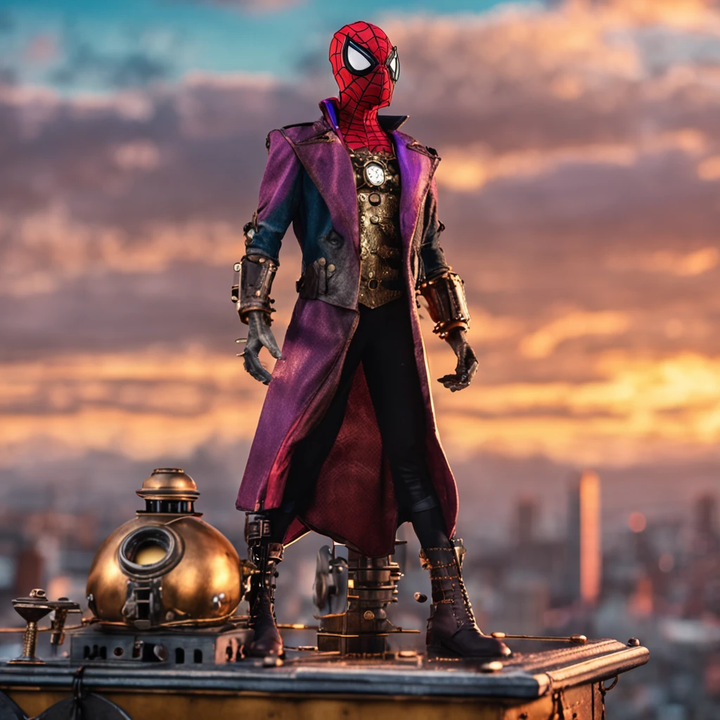 Picture an extraordinary moment as Spider-Man with the mask, donning an extraordinary steampunk-inspired ensemble, stands on the edge of a towering building silhouetted against a breathtaking sunset. The sky is adorned with hues of gold and purple, creating a magical ambiance. Spider-Man's costume is a work of art, boasting intricate metal components and gears that lend an air of mystique and sophistication.