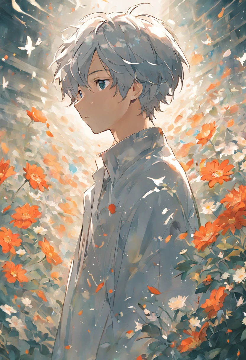 Blooming flowers flutter in the wind,The boy in the flower,Light white and silver design,Pay attention to the texture of the skin and flowers,Sony FE 12-24mm F/2.8 gm,Impressionist garden,Proficient in calligraphy,eco-friendly craftsmanship,Brush stroke exploration,he has a white medical eye patch on his right eye