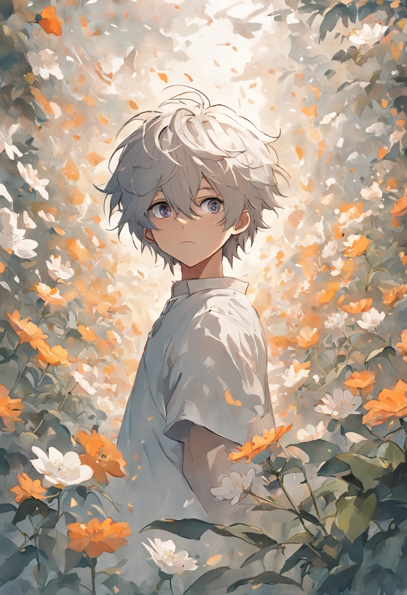 Blooming flowers flutter in the wind,The boy in the flower,Light white and silver design,Pay attention to the texture of the skin and flowers,Sony FE 12-24mm F/2.8 gm,Impressionist garden,Proficient in calligraphy,eco-friendly craftsmanship,Brush stroke exploration,he has a white medical eye patch on his right eye