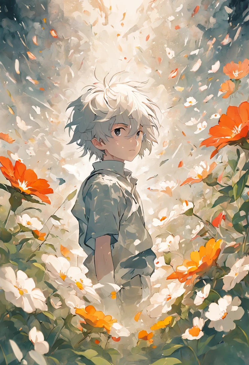 Blooming flowers flutter in the wind，The boy in the flower，Light white and silver design，Pay attention to the texture of the skin and flowers，Sony FE 12-24mm F/2.8 gm，Impressionist garden，Proficient in calligraphy，eco-friendly craftsmanship，Brush stroke exploration,he has a white medical eye patch on his right eye