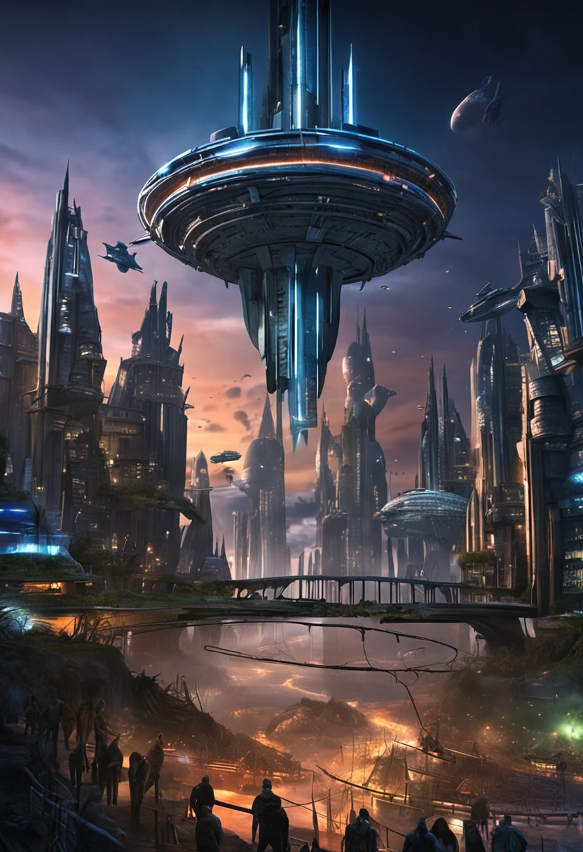 Stargate Atlantis City Ultra Realistic Night with Lighting and Ship (jamper volando por encima)