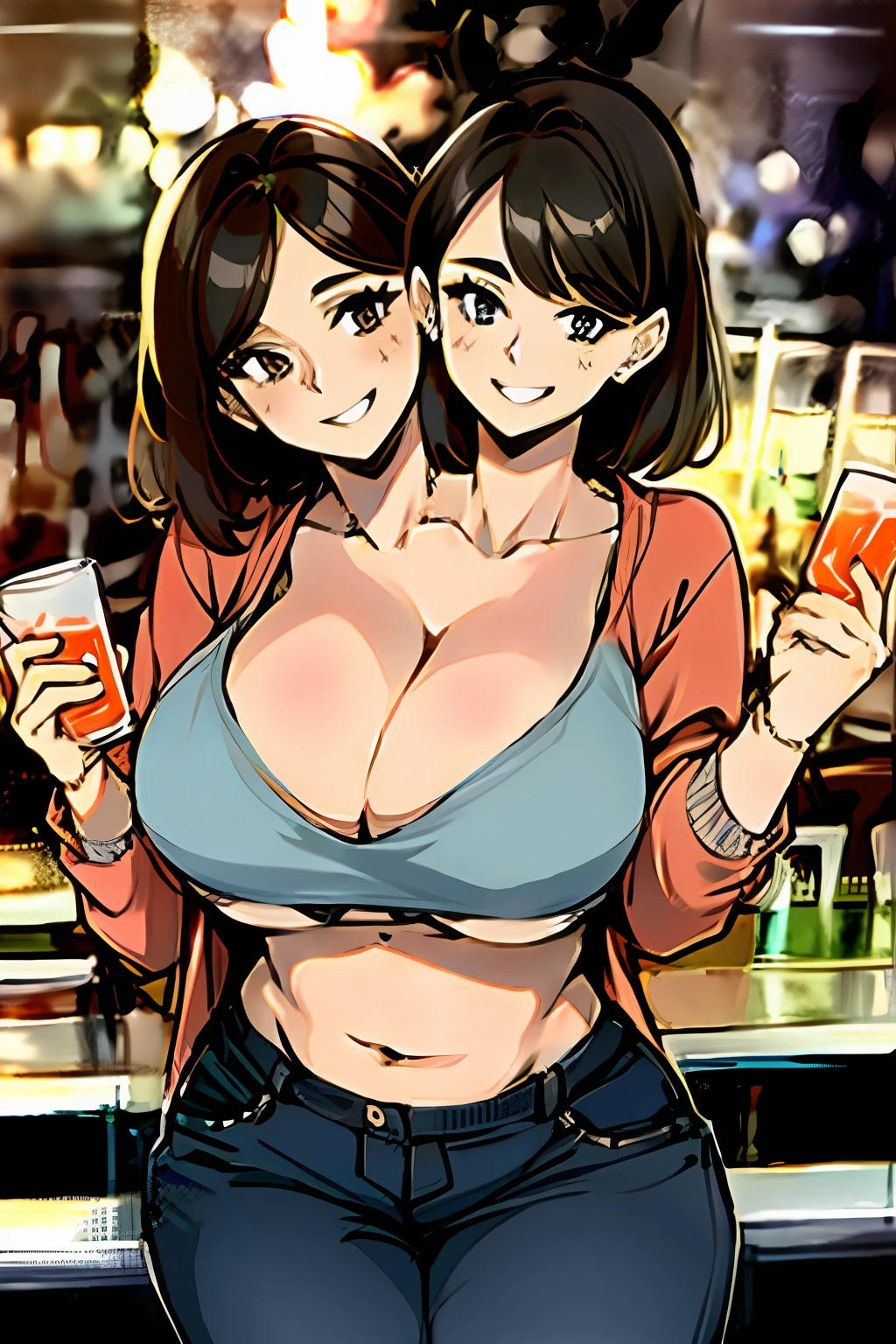 2heads, a fat woman with two heads. She has enormous breasts. She is dancing in a bar. She is sipping a drink. She is laughing. She looks drunk. She is flirty. She is wearing a low-cut sweater and jeans. She is tugging her shirt to show her breasts. She has enormous boobs. She is chubby. Massive breasts. She looks mature. She is extremely short. She is extremely fat. She has massive fat breasts. She has long straight brown hair. Her sweater is loose and slipping, exposing her bra.
