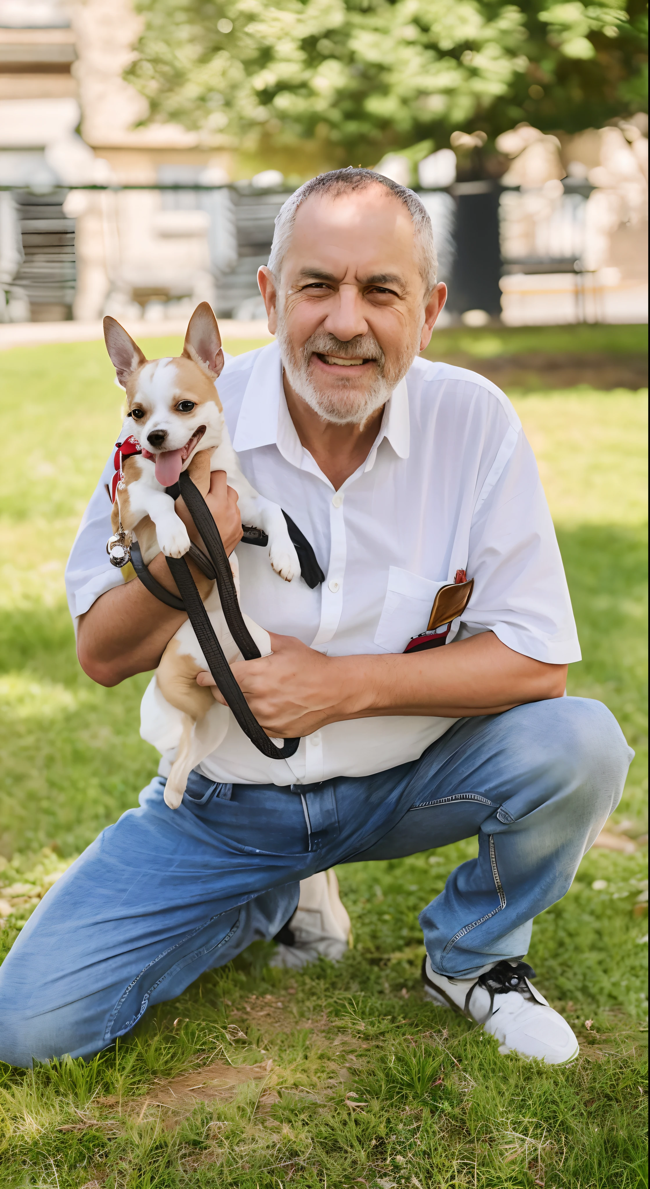 Homem ajoelhado com um cachorro na coleira, Retrato de esconder a dor Harold, with his hyperactive little dog, Directed by: Emma Andijewska, mid portrait, homem mais velho, pet animal, imagem retrato, Esconda a dor Haroldo, Directed by: Jakob Gauermann, Chihuahua, friendly guy and small creature, Directed by: Miroslava Sviridova