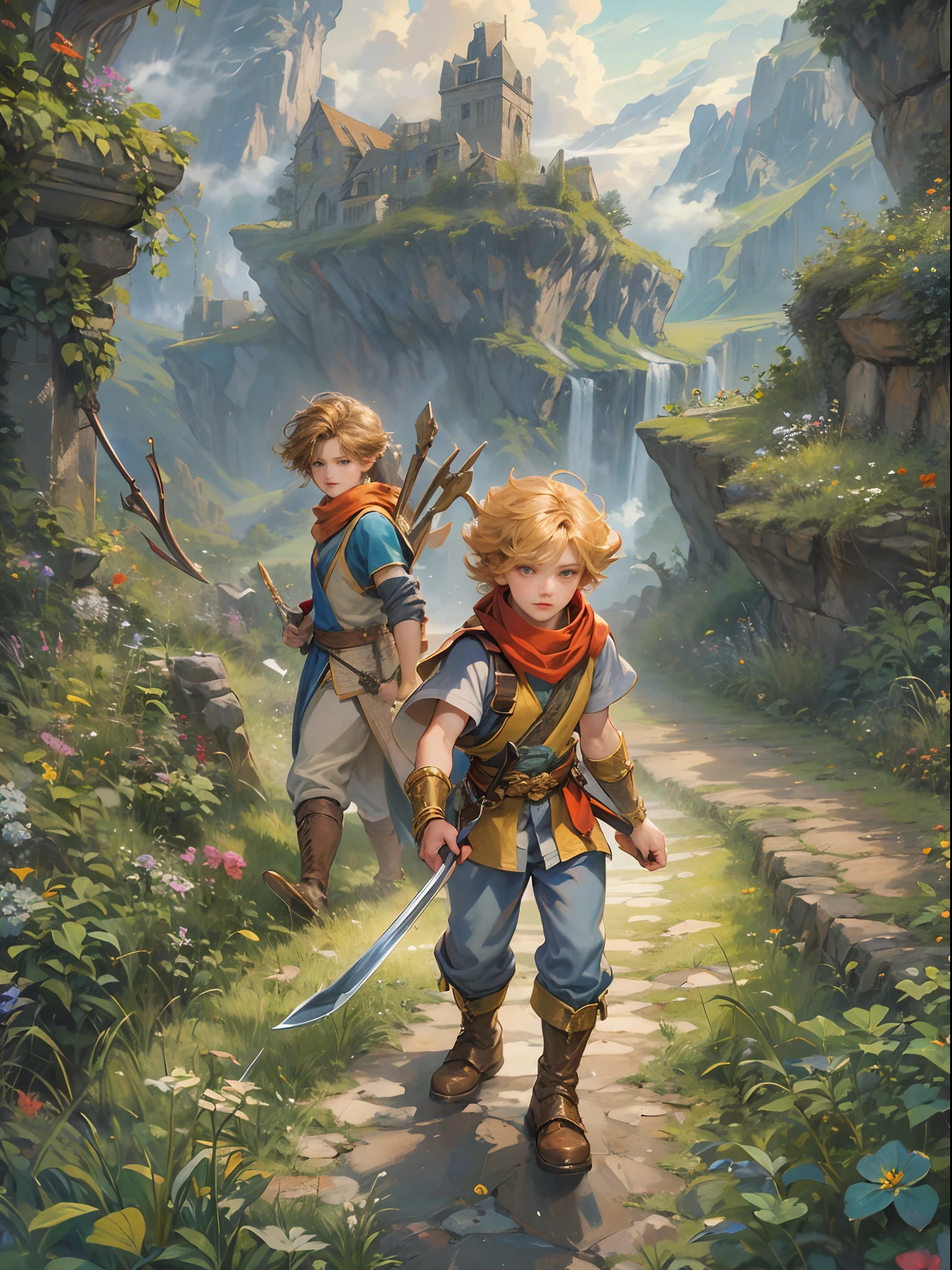 (absurdres, highres, ultra detailed, HDR), masterpiece, best quality, legend of mana character, handsome young hero wearing detailed scarf and hair ornament, detailed face, handsome face, shiloh playing the bow and arrows outside with an adventurer in a deserted place, carrying detailed sword, strolling at the luon highway , detailed character, detailed outdoor, detailed highway field