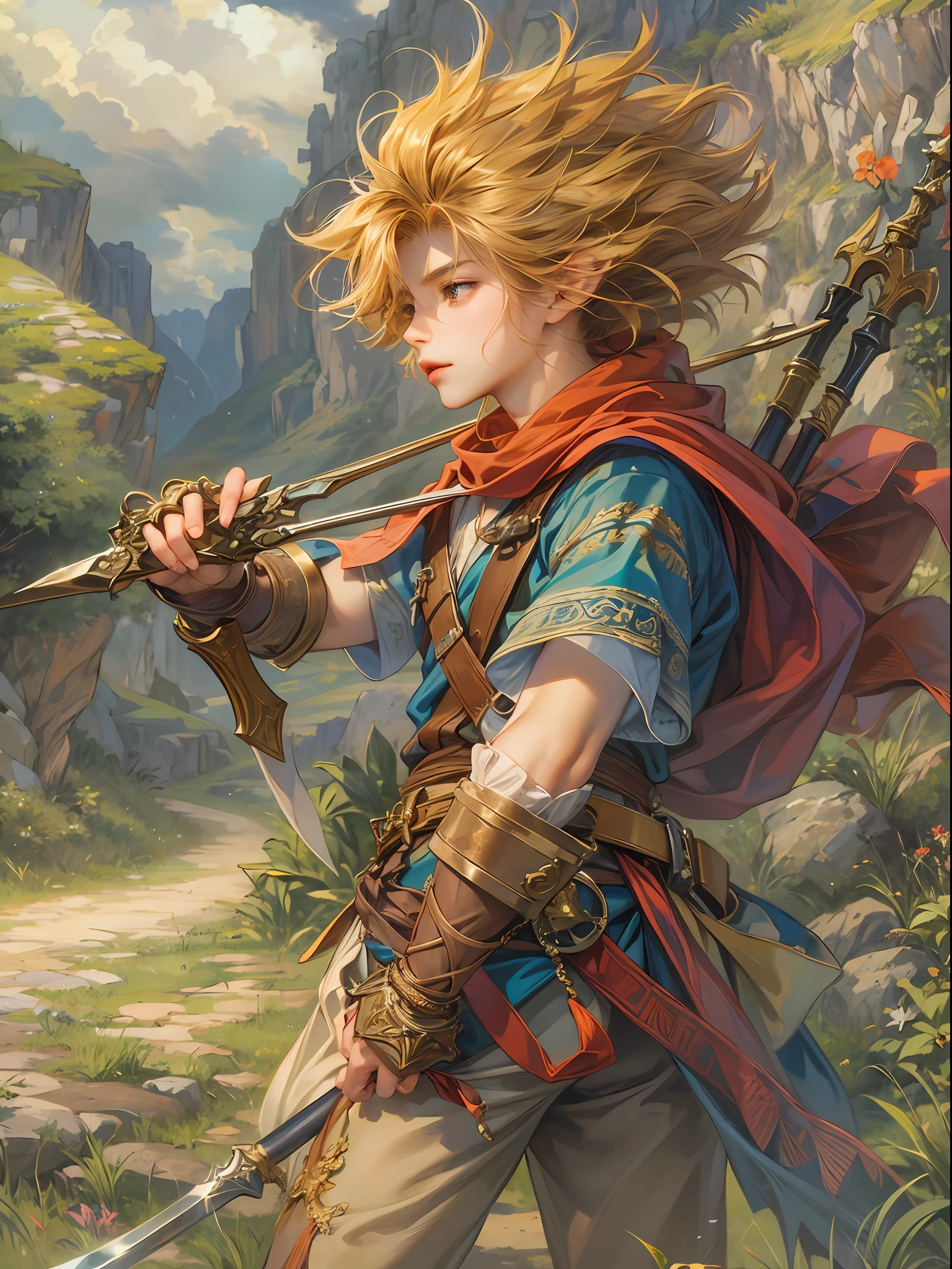 (absurdres, highres, ultra detailed, HDR), masterpiece, best quality, legend of mana character, handsome young hero wearing detailed scarf and hair ornament, detailed face, handsome face, shiloh playing the bow and arrows outside with an adventurer in a deserted place, carrying detailed sword, strolling at the luon highway , detailed character, detailed outdoor, detailed highway field