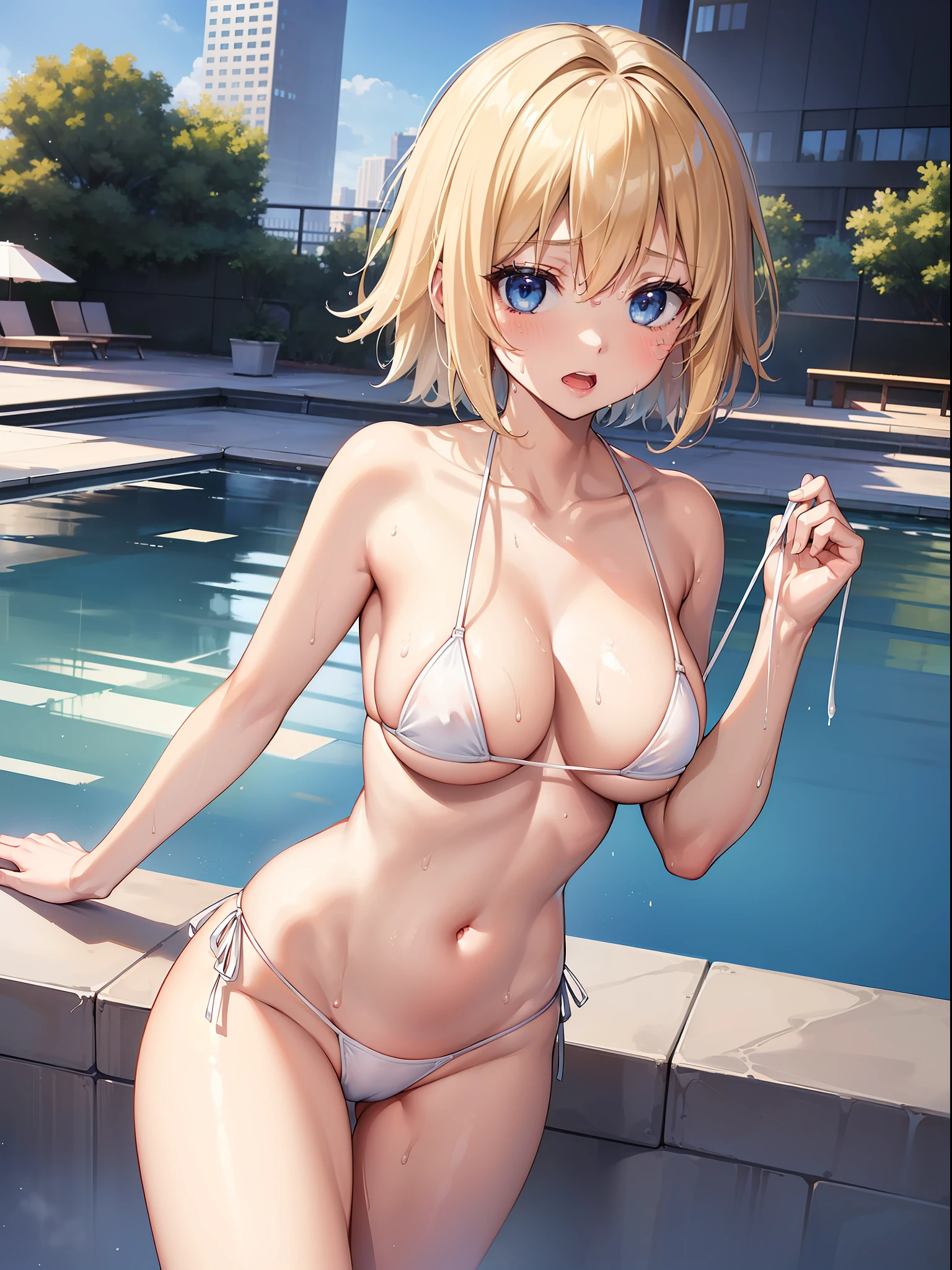 (masterpiece:1.5), very detailed face and eyes, (Photorealsitic:1.2)、 (FULL BODYSHOT:0.5)、ultra-quality、ultra-detailliert、Perfect drawing、animesque、charming anime girls,、beautiful alluring anime woman、Smooth Anime CG Art、独奏、1girl in、Naked Beauty、(jeanne d'arc (Fate Grand Order))、cowboy shot、(Since a while ago:1.5)、posture with protruding chest,、(standing with her legs wide open)、(Opening legs:1.5)、((middlebreast:1.5))、(((Tops:barechested)))、((Bottoms:White Micro Bikini))、thin cloth、bare-legged、(No bra)、Upper body naked、embarassed expression、Blue eyes、Moisturized eyes、red blush、Light from the front、Right ahead、clearface、The pubic area is clearly visible、((Areola showing through))、((Sweat))、(((Wet)))、slender、((a blond))、Sexy face、Open mouth、((Layered Hair Style、Medium Breath:1.2))、(short-hair)、The angle of movement、Sense of speed、lumnious、(deep in the night)、nigh sky、highrise buildings、On the rooftop、((in poolside))、On the roof of the school building、Poses to show off、Accurate drawing、meticulous drawing、Beautiful background、Urban cityscape、Motion blur effect