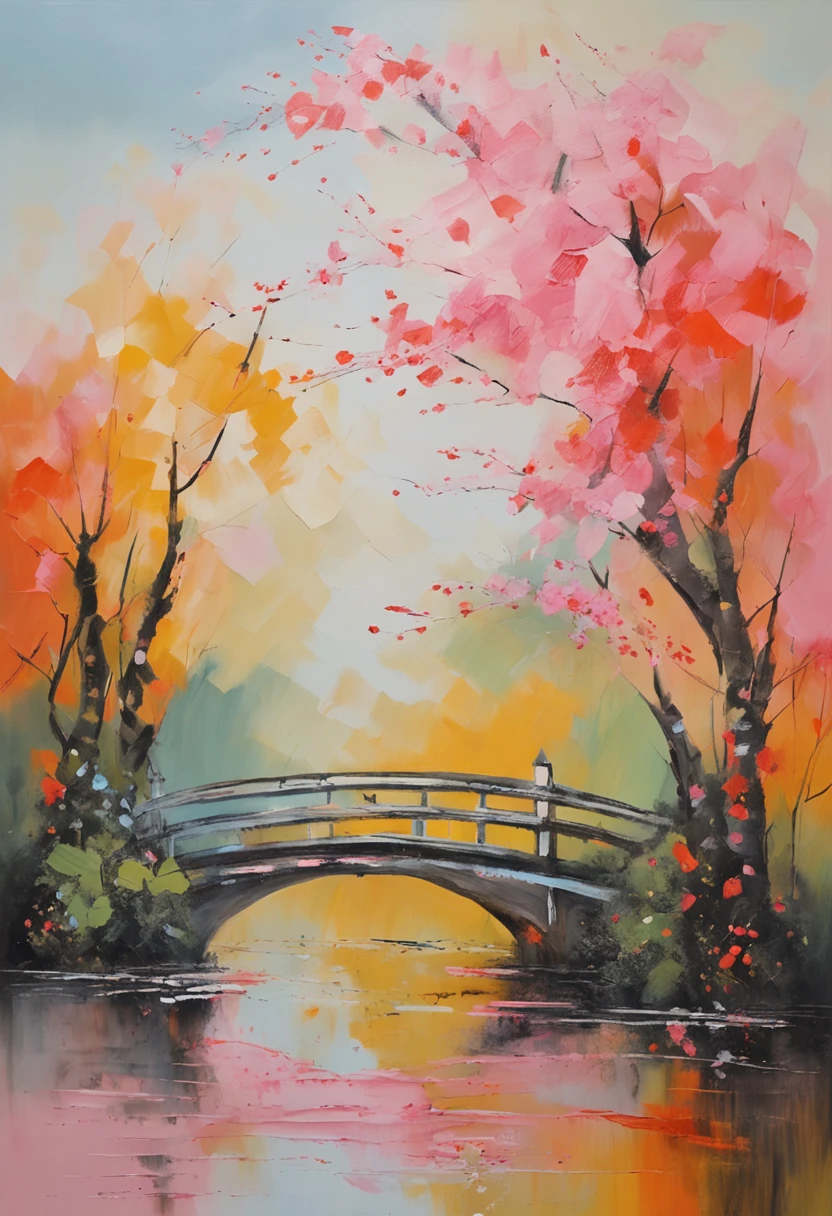 Tanabata Valentine's Day romantic poster,A couple kisses on a wooden bridge,Peach blossoms bloom on both sides of the river,Countless pink petals fell from the sky,Several magpies flew around in the sky