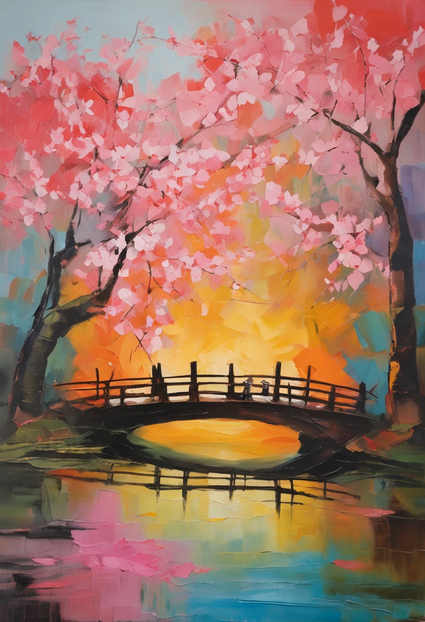 Tanabata Valentine's Day romantic poster,A couple kisses on a wooden bridge,Peach blossoms bloom on both sides of the river,Countless pink petals fell from the sky,Several magpies flew around in the sky