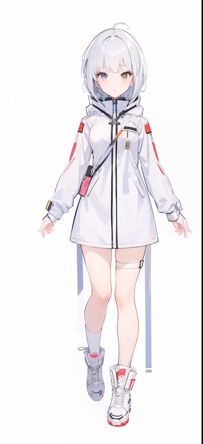 Anime girl wearing white coat and boots with gun, clear outfit design, anime full body illustration, Full body illustration, full body portrait of a short!, clothing design, !!Full body portrait!!, full body adoptable, girls frontline style, anime vtuber full body model, azur lane style, full body concept, full body detailing, Single character full body