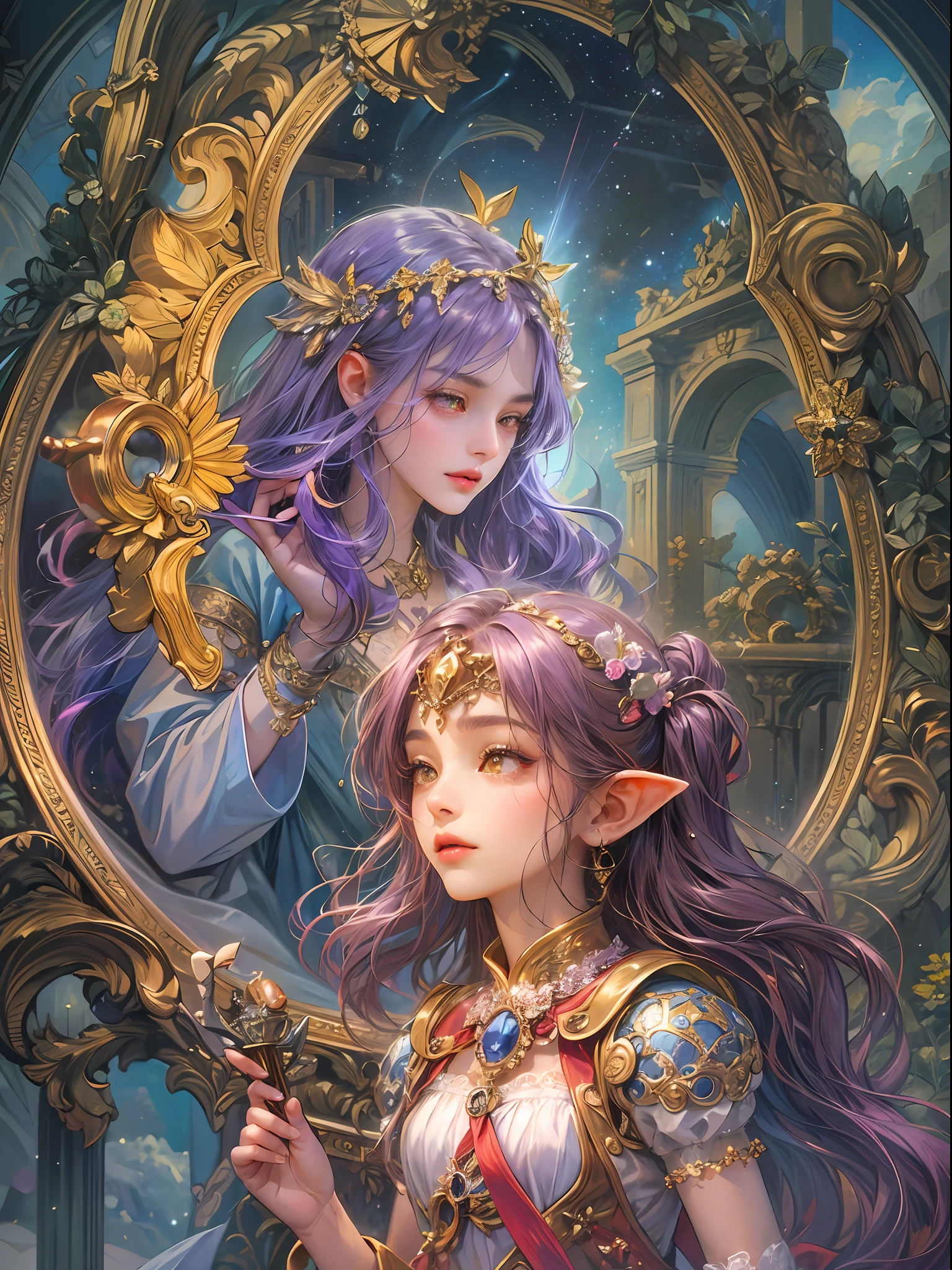 (absurdres, highres, ultra detailed, HDR), masterpiece, best quality, legend of mana character, heroine, detailed face, beautiful face with decorative detailed purple hair ornament, seraphina talking to a little black haired angel with yellow eyes with pink magic mirror insidecelestial palace, detailed character, detailed celestial place of goddess, laplace, detailed backdrop
