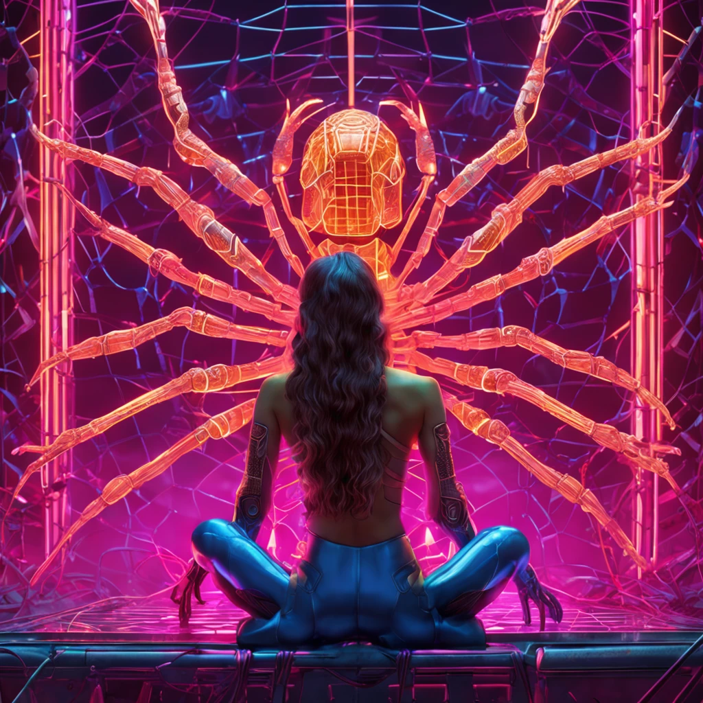 a woman sitting on top of a giant spider, cyberpunk art, inspired by Greg Hildebrandt, 3 d neon art of a womens body, style of karol bak, cartoon artstyle, beautiful avatar pictures, emma frost, spiders, greg hildebrandt highly detailed, alien room background, portrait shot, maxim verehin stained glass, spider