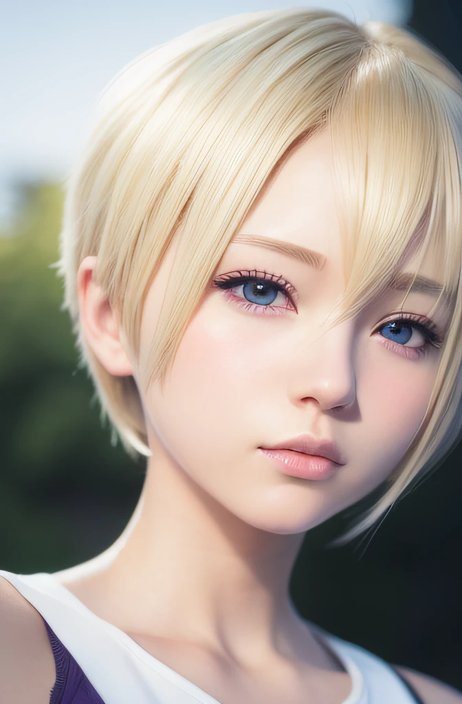 masutepiece、8K、photorealistic anime girl render、(Lifelike face:1.2)、(a blond、Boyish short-haired:1.3)、Purple eyes、real life anime girl、Crystal clear white skin、