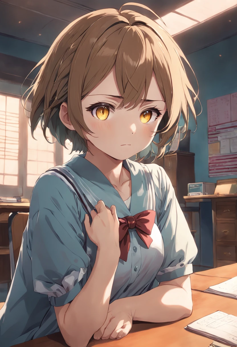masutepiece, Best Quality,Illustration, Wallpaper, Ultra Detail, absurderes, Light brown hair, Solo, (Medium short hair、short braided hair),(Y shirt), Beautiful detailed yellow eyes,Kamimei, (Older sister), ‎Classroom,(a panoramic view:1.3),(Sense of depth:1.3),(longshot:1.3)