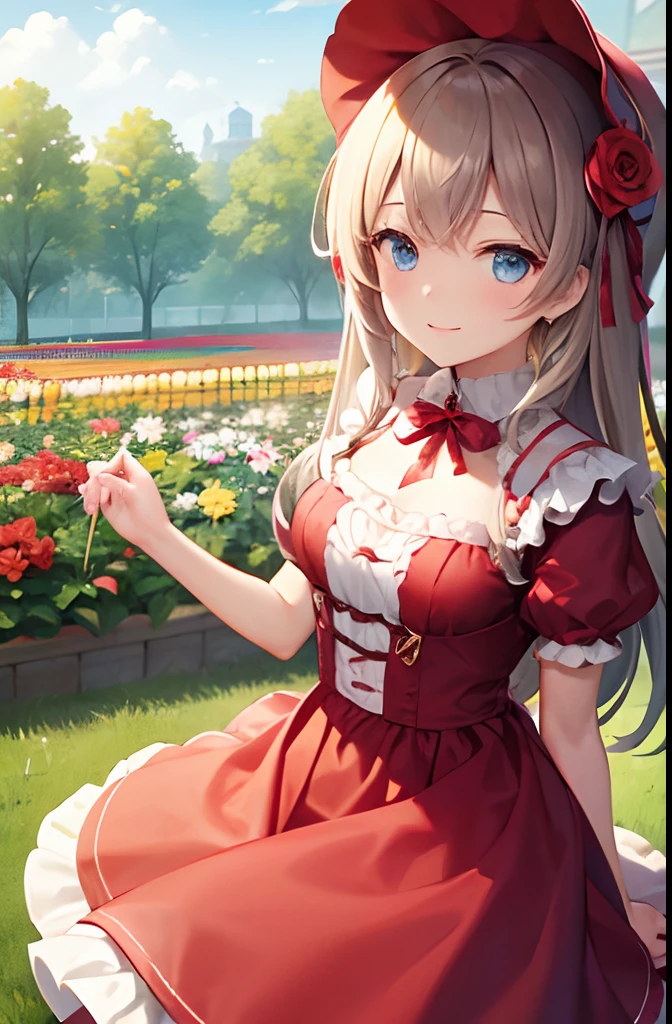 Girl picking flowers in a flower garden。Wearing a Little Red Riding Hood costume、Notice the gaze and smile。