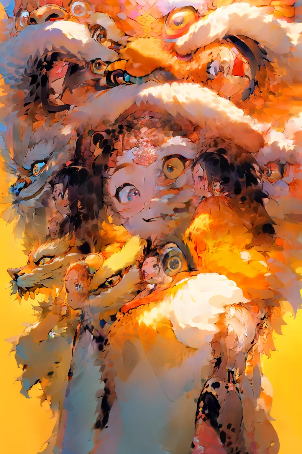 masterpiece, best quality, illustration,lion_dance,
,bug, butterfly, cloud, flying, night, night_sky, sky, smile, solo, space, star_\(sky\), starry_sky,1girl, 
 (disheveled hair),[orange hair:purple buttom hair:0.8],forehead,zoe,long hair,multicolored hair,blue and purple  eyes, upper body,