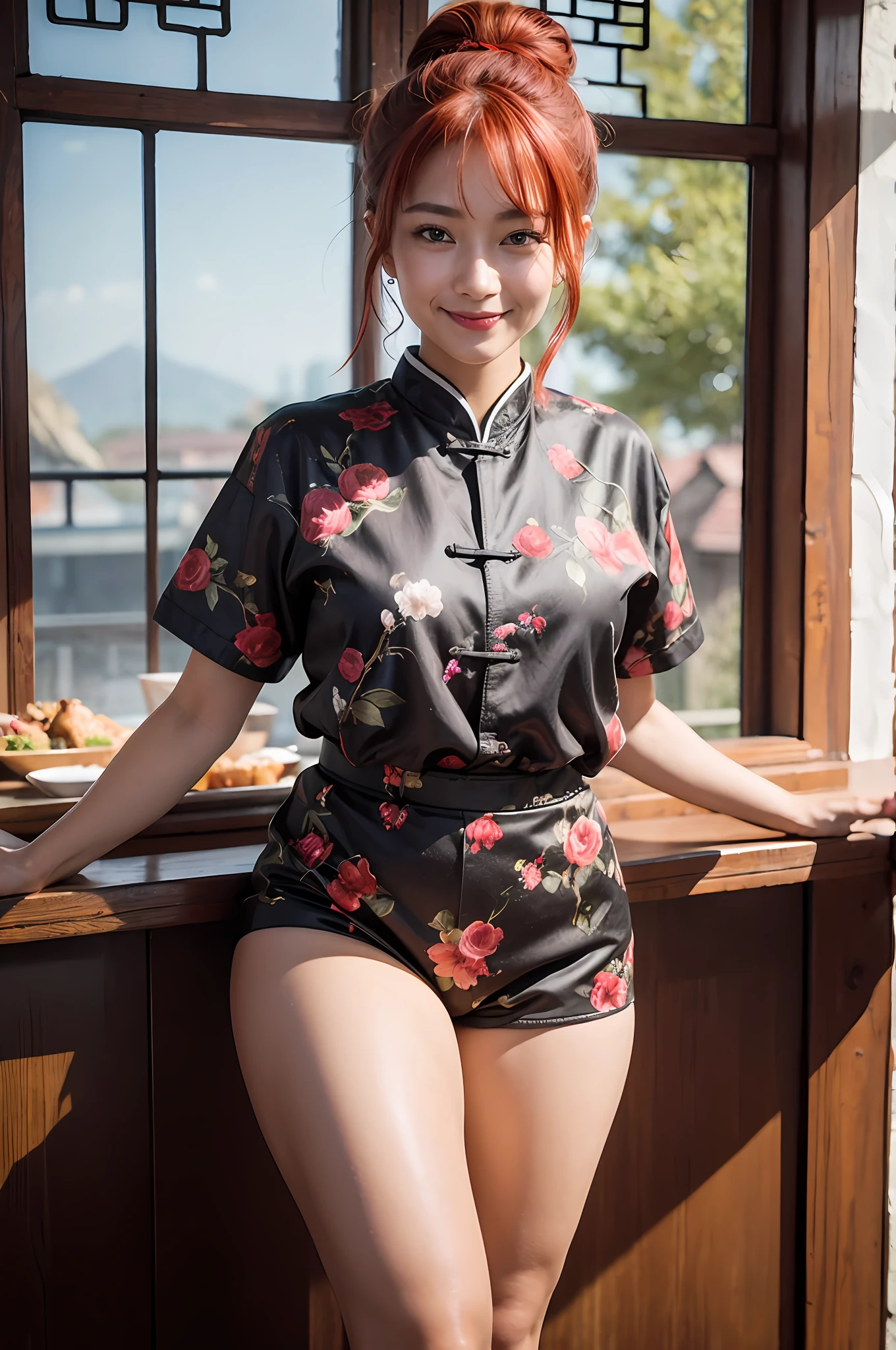 (8K, top-quality, masterpiece:1,2), (reallistic, Photorealsitic:1.37), Super Detail, One girl,), (Highly detailed), (beautifully detailed eyes), (of the highest quality), (super detailed ), (masterpiece), (Detailed face),20yr old, ,1 girl, full body, pink hair,Very short hair, medium breasts, clothed, Perfect Lighting, looking at viewer, aroused face, naughty face, (Cheongsam), ((standing contrapposto:1.5, from the front))