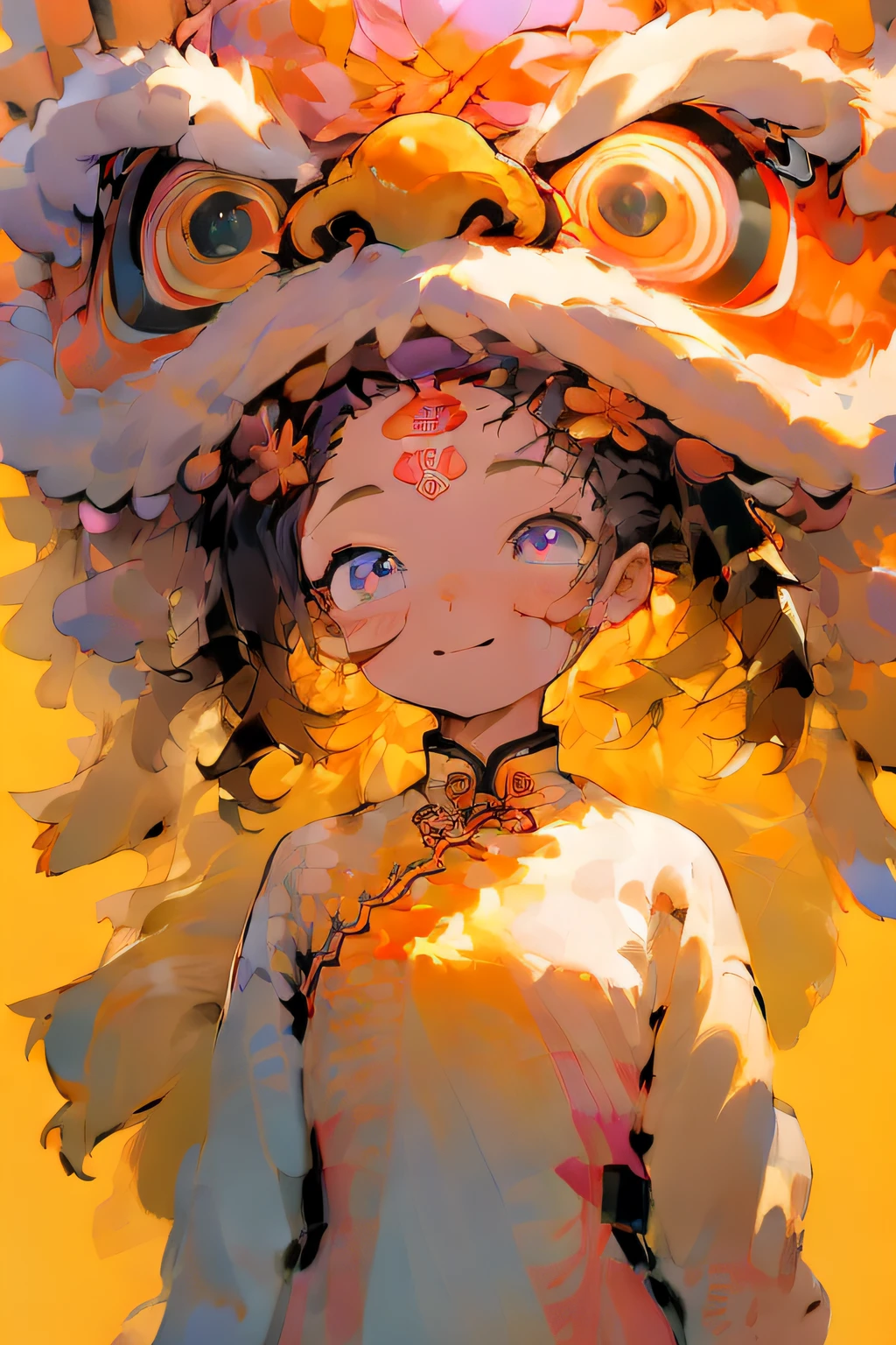 masterpiece, best quality, illustration,lion_dance,
,bug, butterfly, cloud, flying, night, night_sky, sky, smile, solo, space, star_\(sky\), starry_sky,1girl, 
 (disheveled hair),[orange hair:purple buttom hair:0.8],forehead,zoe,long hair,multicolored hair,blue and purple  eyes, upper body,