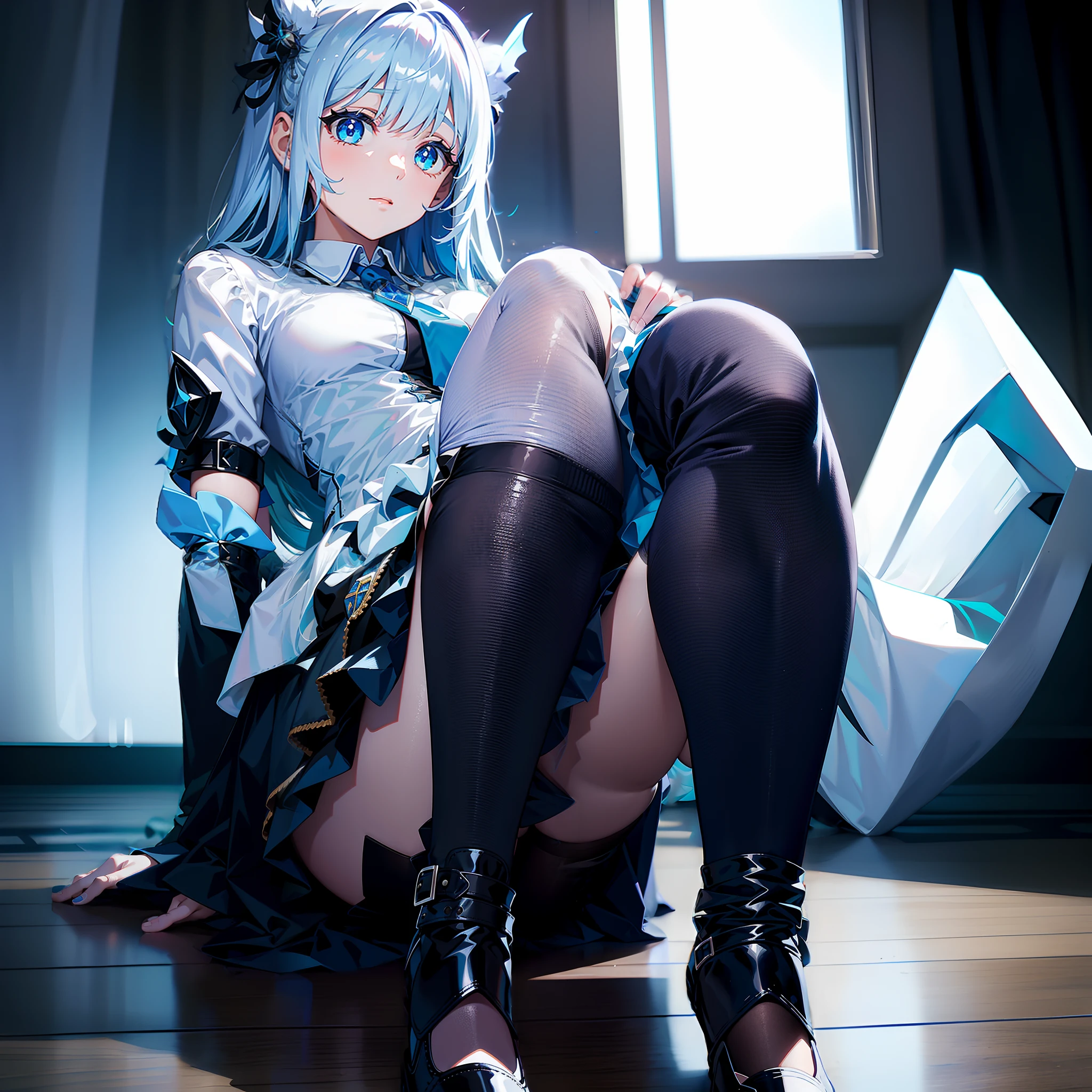 Two-dimensional girl,Details are strengthened,Blue pupil,long white hair,Dark blue ladies shirt,Lower body JK skirt,White over-the-knee stockings,whitestocking