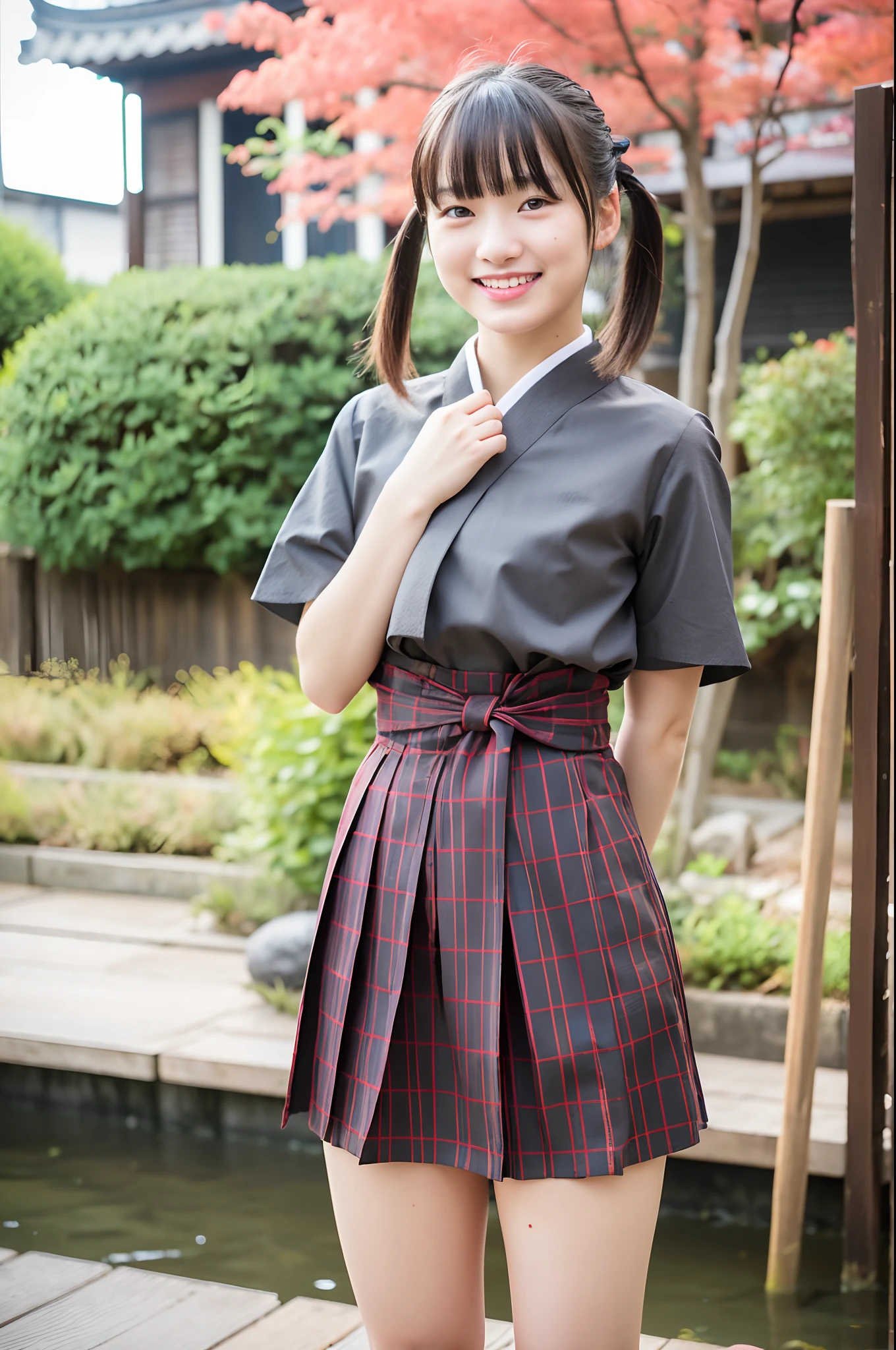 girl in old-japan town,houndstooth hakama-top,dark red school skirt,vermilion string-hair-bow,18-year-old,bangs,a little smiles,thighs,crotch,knees,short cut hair,pigtail,from below