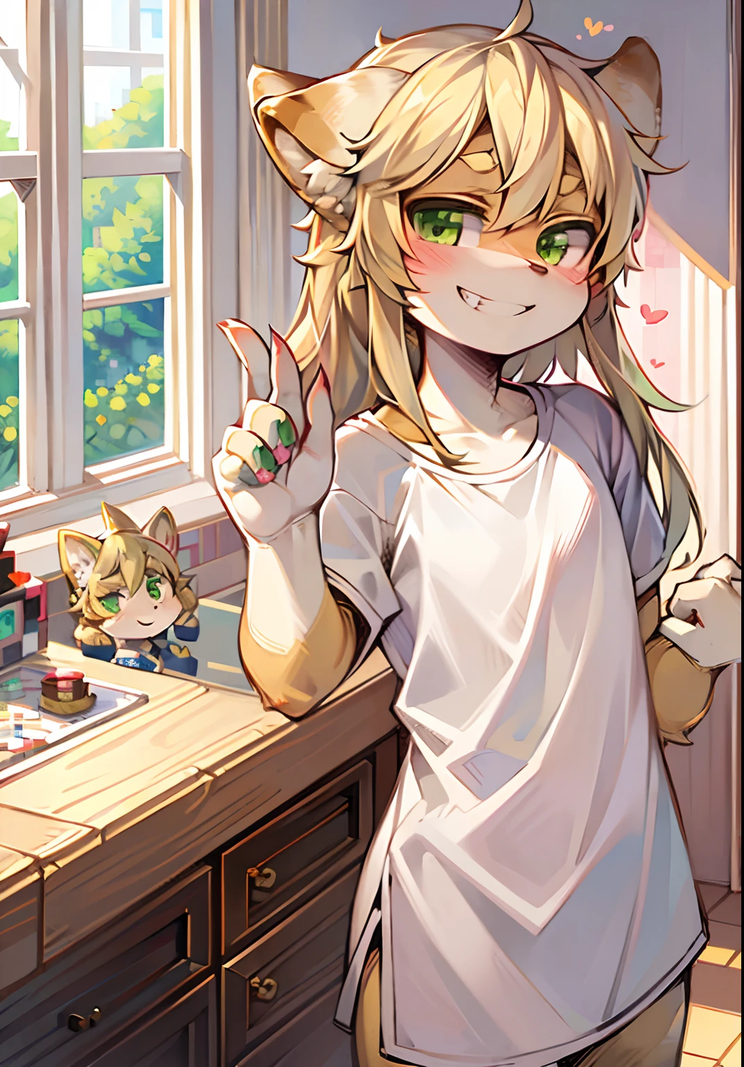 Pixel art, Masterpiece, pix, Kizi, ash blond hair, Green eyes, Face only, Smile, grin, Tsundere, Cute, Room background