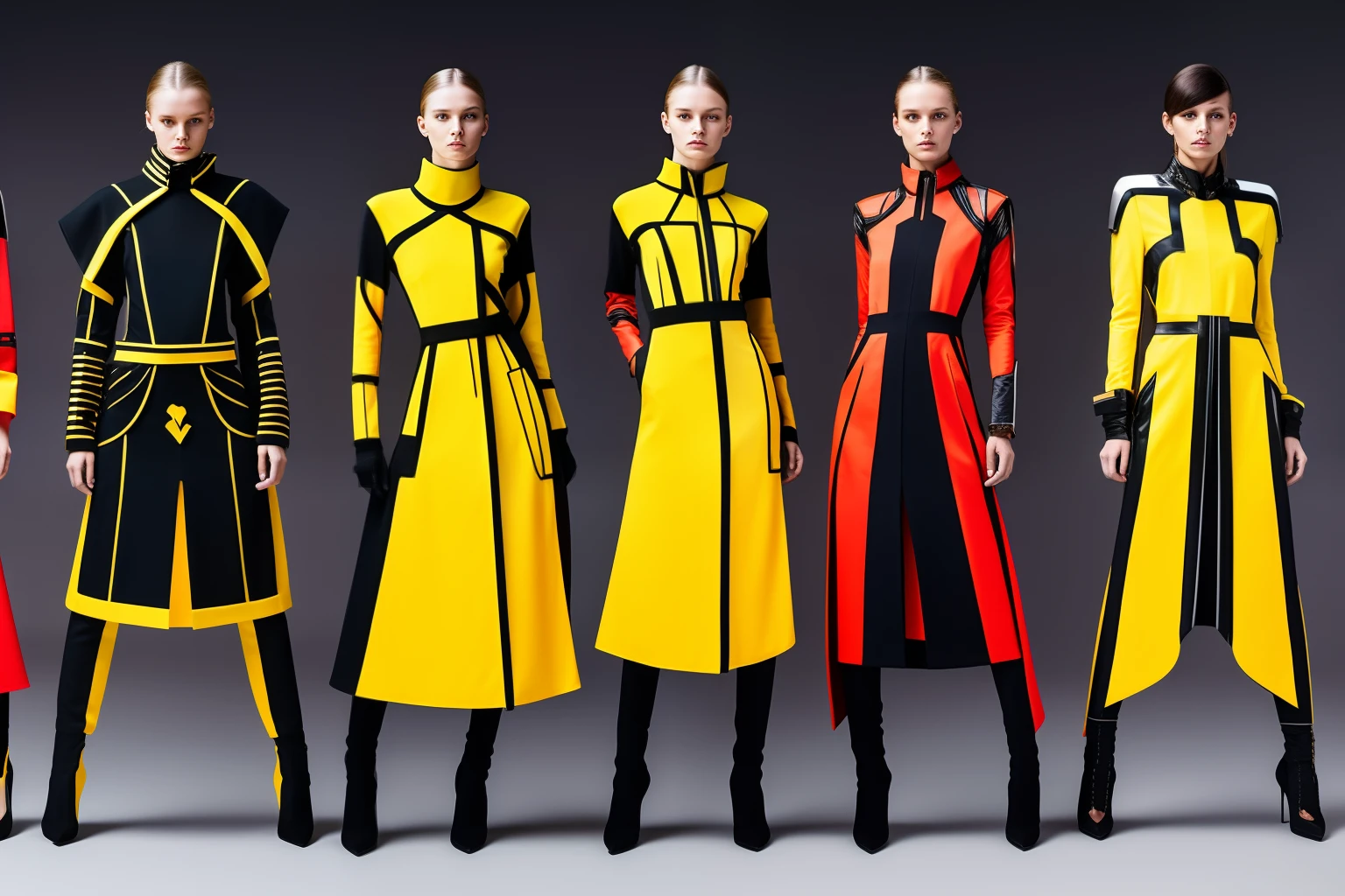 Four model into single page, 3:2 page ratio, modern cutline dress, womenswear long and short both, Science fiction design, very detail oriented, worldwide famous technological design, red yellow and black color, cyber punk style