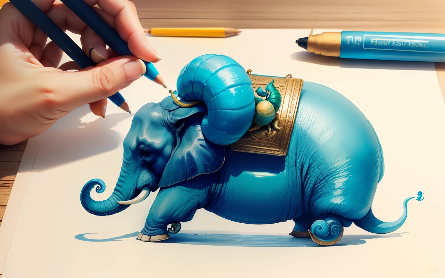 Draw a snail riding an elephant